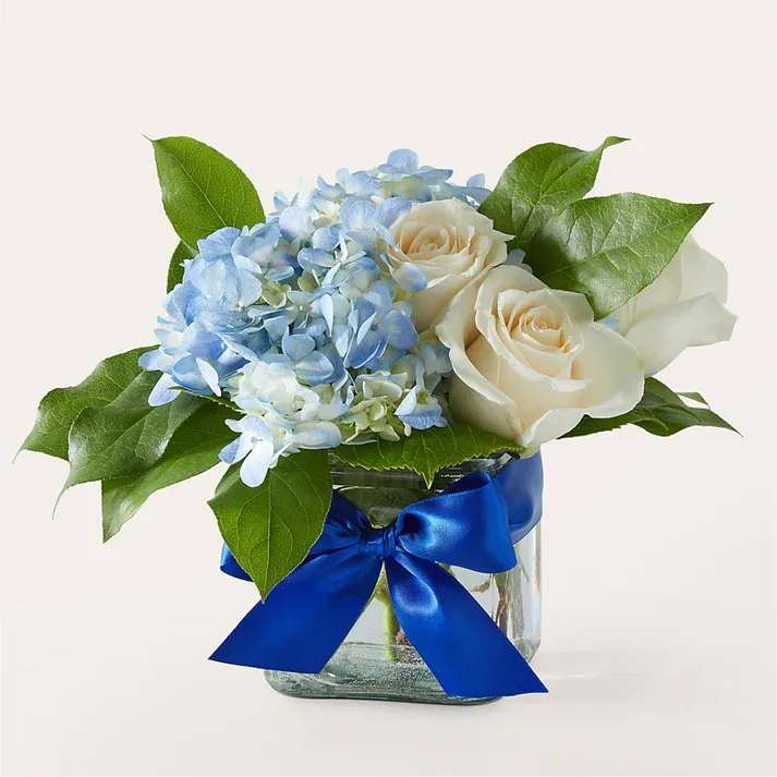 Sky Blue Delight Bouquet Sky Blue Delight Bouquet - These ivory roses and sky–blue blooms will brighten anyone's day. Details The Standard Bouquet is approximately 9"H x 9"W. Designed by florists, ready to display. For long–lasting blooms, replace the water daily. We suggest trimming the stems every couple days. Pet Safety Precautions: This bouquet or plant may include flowers and foliage that are known to be toxic to pets. To keep them safe, be sure to keep this arrangement out of your pet's reach.