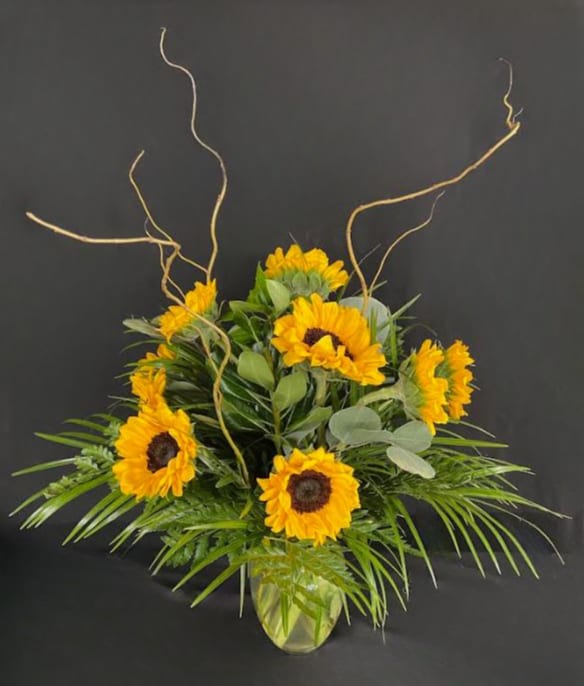 Sunflower Powered! - Supercharge someone's day with this Sun-Powered bouquet of 10 beautiful sunflowers arranged in a vase with assorted greens and curly willow branches!