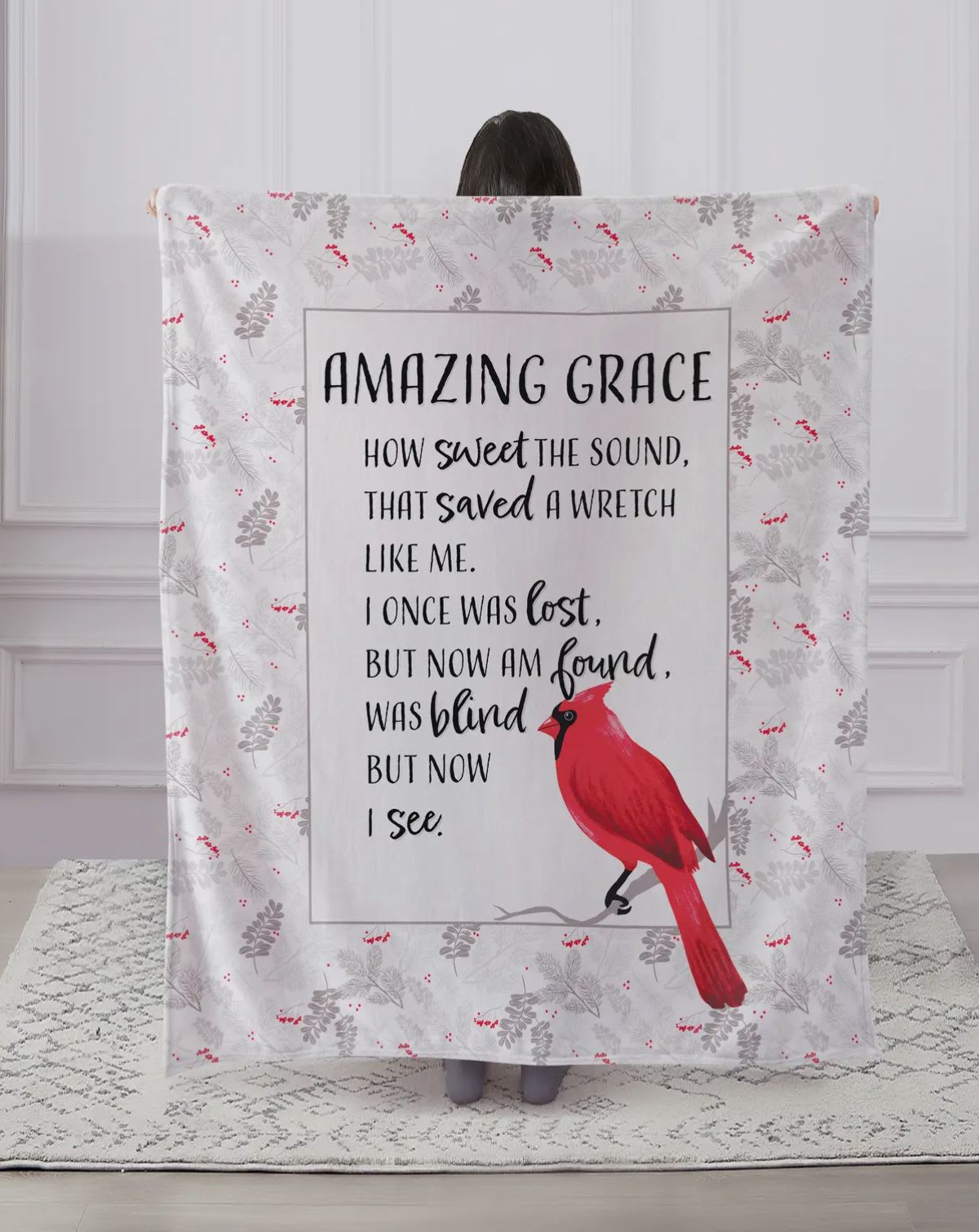Cardinals - Amazing Grace Cardinals - Amazing Grace - Beautiful comfort expressing a beautiful message for a loved one who needs to feel the love sure them. Regal Comfort 1 Ply Faux Fur Blanket . Blissfully soft to the touch with deep lushness of faux fur, 50”x60” sized blanket.