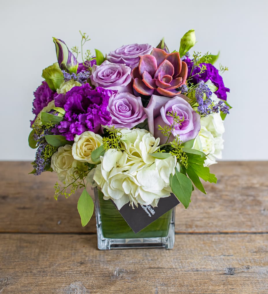 Janelle - 4X4 glass cube arrangement.  Introduce someone special to the timeless beauty of the Janelle arrangement. Elegance and sophistication abound in this delightful mix of lavender, purple, and white florals, with a delicate succulent that can be replanted for lasting enjoyment. Perfect as a memorable gift for any occasion, the Janelle radiates with its unique style and is perfect for family or friends who appreciate natural beauty in its finest form. With its lush texture and inviting design, the Janelle expresses sophisticated charm that will stand out in any setting. Let this one-of-a-kind arrangement bring elegance into your home or office space today!