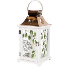 Lantern - 'Those We Have Held' ( Copper top/leaves) - Lantern 'Those we have held in our arms for a little while, we hold in our hearts forever'. Flameless LED candle lantern made from quality wood with stainless steel copper top. Built-in timer 6hrs ON/18hrs OFF, batteries included. Hanging or Free-standing. Indoor use only. 57595