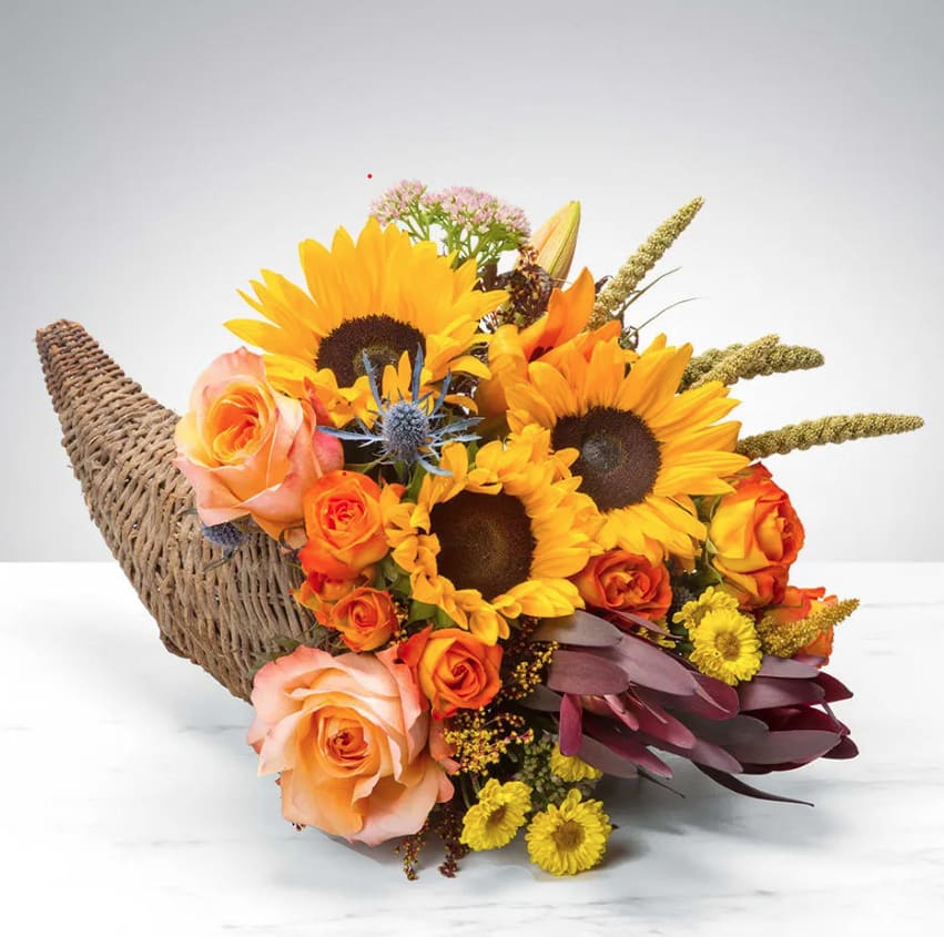 Cornucopia Utopia by BloomNation™ - A horn of corn has been born! We all love popcorn. Corn mazes delight and amuse us. We eat corn syrup. Corn is a part of all of our lives. This Thanksgiving, say “thanks” to corn with this beautiful seasonal centerpiece. Cornbread, ears of corn, and a Cornucopia Utopia! That is what Thanksgiving is all about. And turkey, that’s important too.