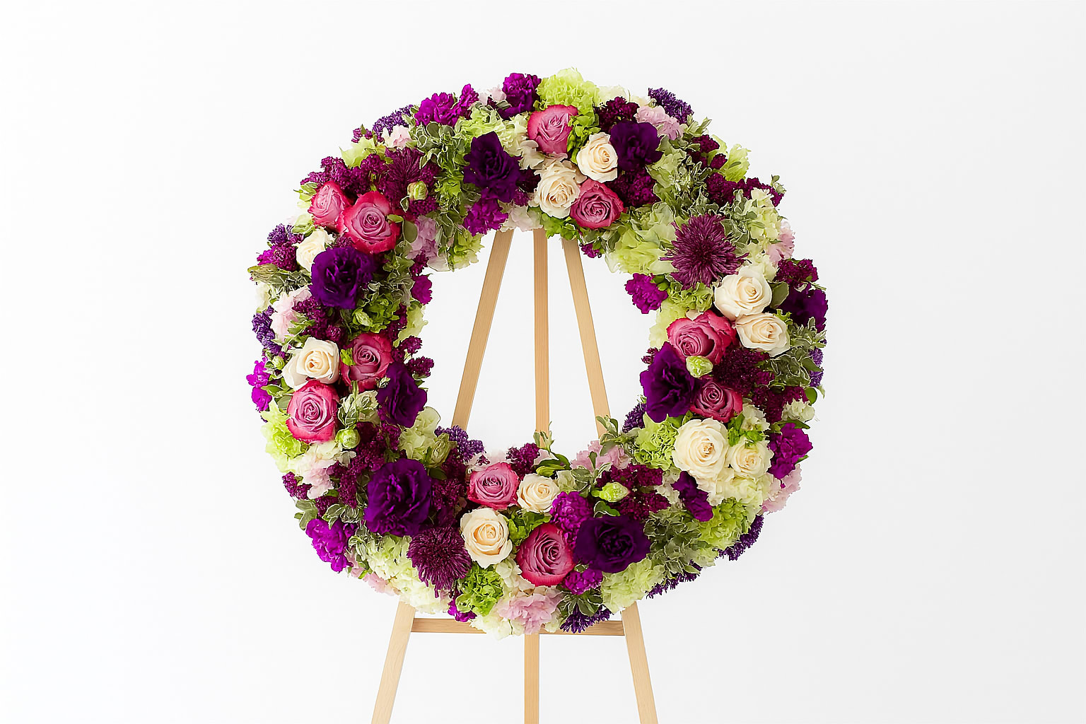 I'll Be Missing You - When a loved one passes away, sending flowers is a beautiful way to honor and remember them. I'll Be Missing You is our premium wreath which celebrates the life of those no longer with us. This stunning wreath consists of delicate white and green hydrangeas, cream and pink roses, purple lisianthus, purple stock, and other radiant florals. The muted yet elegant colors are perfect for expressing your sympathy on such a difficult occasion.  