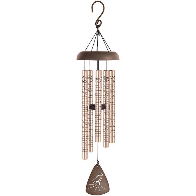 Heavenly Bells Rose Gold Wind Chime - 30&quot;L Rose Gold sonnet chimes have 5 heavy walled, center pinned tubes that emit deep tones. All aluminum construction, durable powder coated and anodized finish, and strung with industrial cord. Each chime has an adjustable striker. Tubes are 7/8&quot; diameter, sentiment is printed directly onto the tubes.  Chime Tubes Read: &quot;These chimes are but the echo, of the Heavenly bells above, that rang in celebration, as God welcomed me with love. So when you hear them playing, in the gentle unseen wind, let them serve as a reminder, we will meet again.&quot;