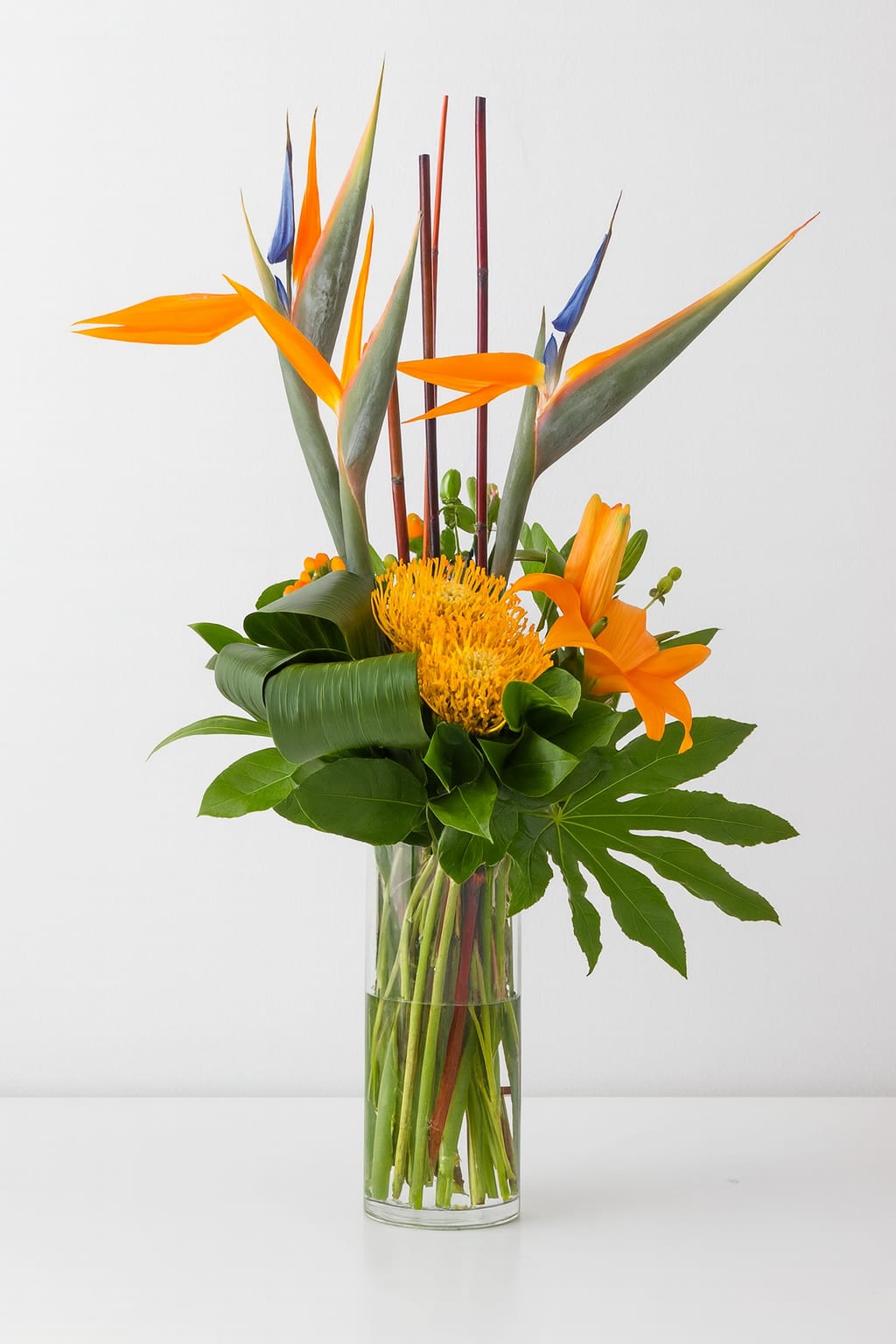 Sophisticated Artistry - Birds of Paradise with Pincushion Protea artistically designed with accompanying floral, foliage and enhanced with river cane. 