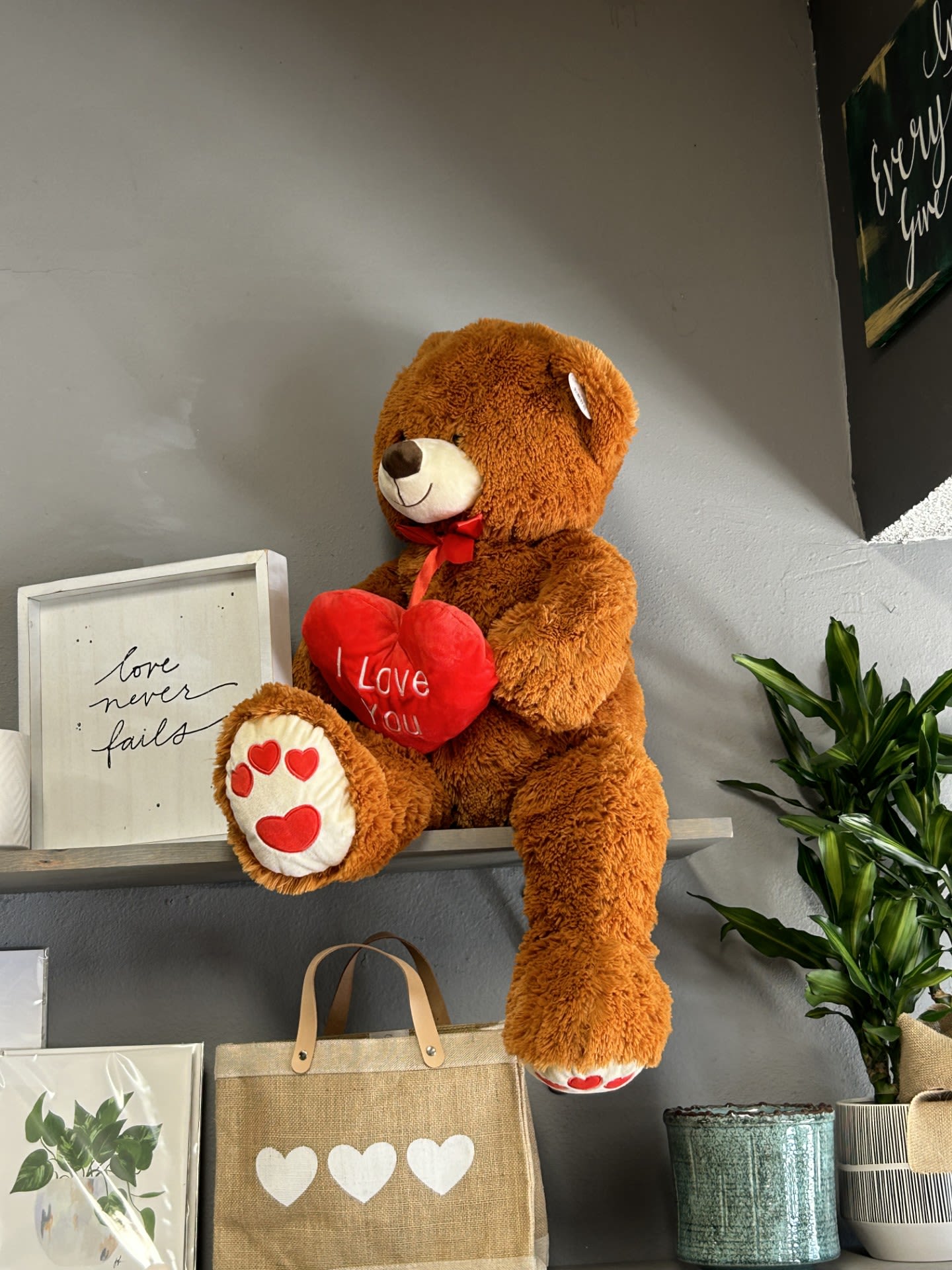 XL I love you teddy bear - XL brown fluffy teddy bear holding a large heart. Perfect way to say I Love You!