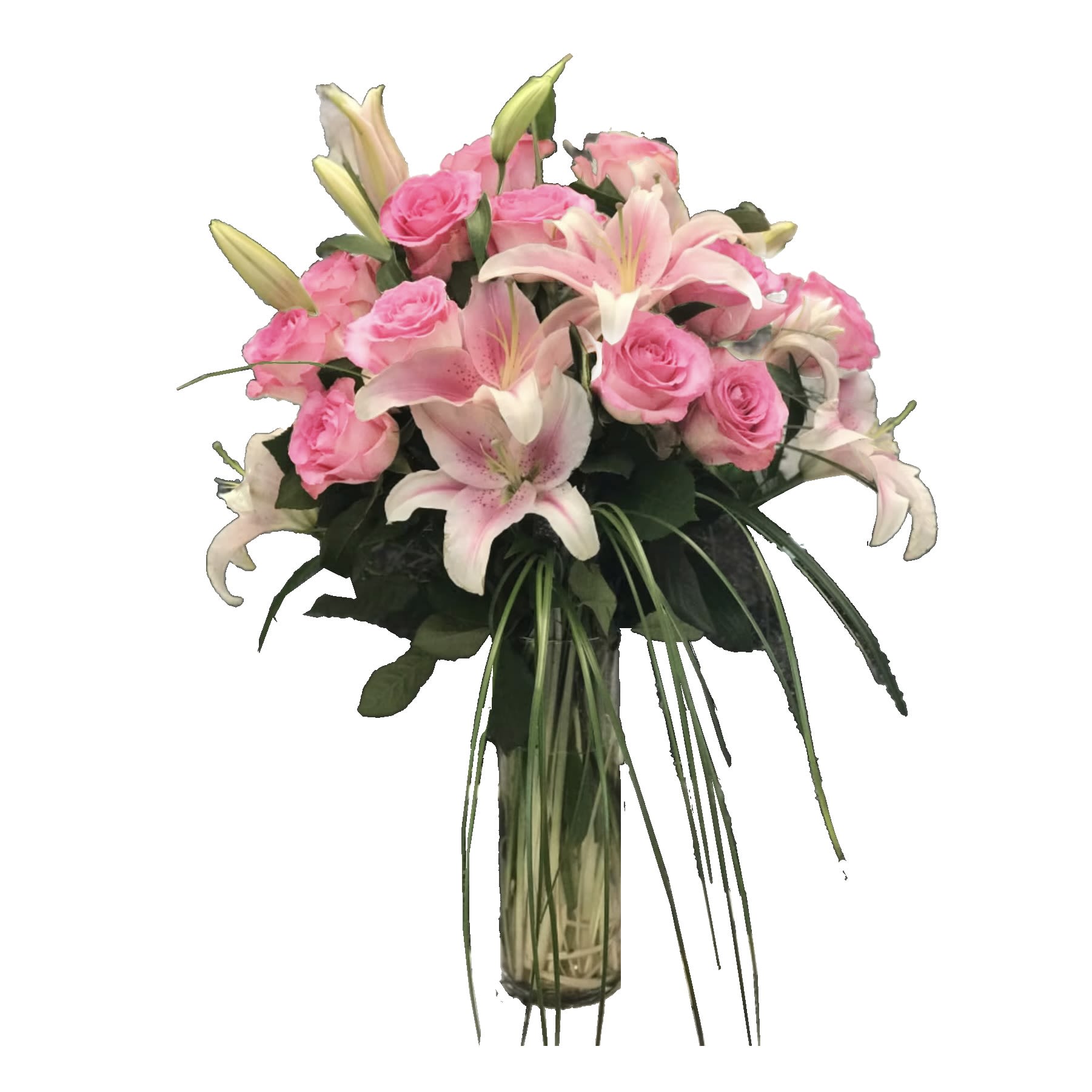 Pink Roses With Pink Lilies - Simple and Tall design arranged with Pink Lilies, one dozen Pink Roses,with Bear Grass and Ribbon Grasses. 