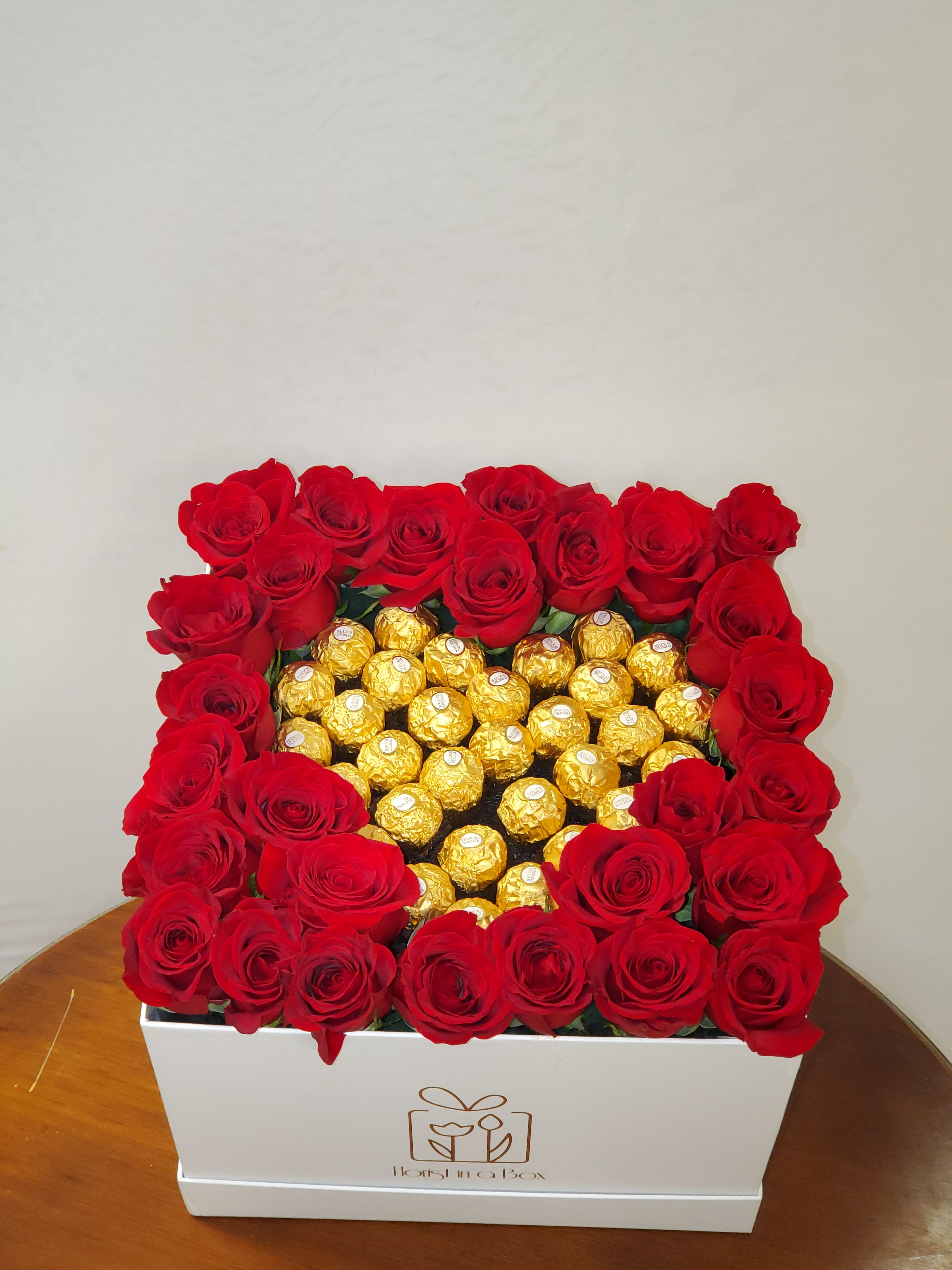 My Valentine's  - Heart of chocolates surrounded by roses in a square box  NOTICE BOX MAY BE DIFFERENT DEPENDING ON AVAILABILITY!!!