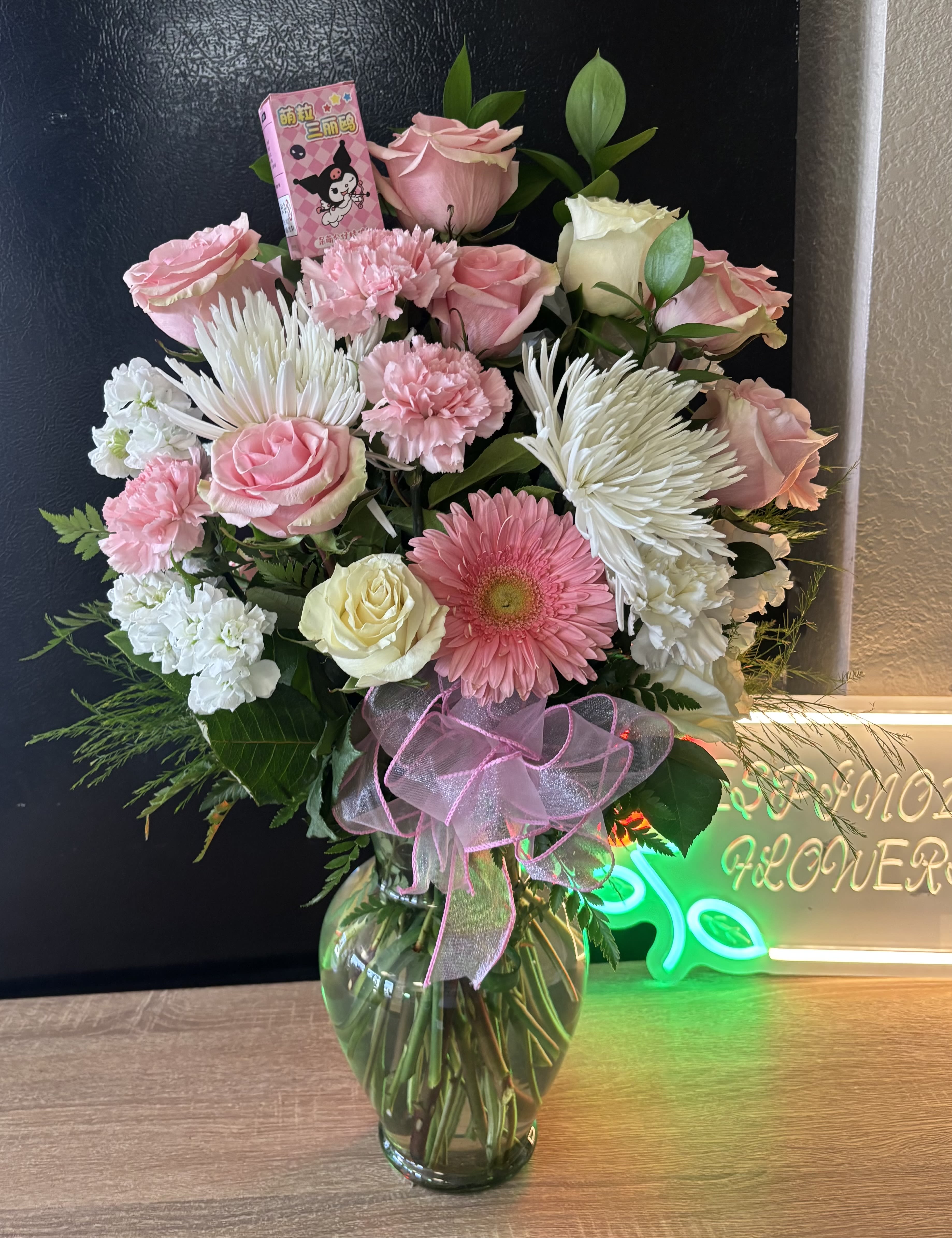 Big Pink Big Pink - fresh pink and white flowers in large vase with hello kitty surprise