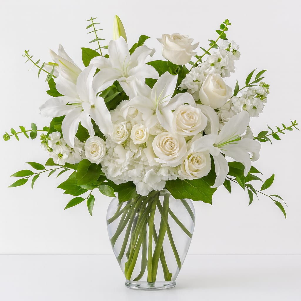 Shades Of White - A lovely bouquet to soothe and comfort. A variety of white blossoms sends your hope and strength.   Beautiful flowers such as white hydrangea, roses, stock, eucalyptus and more fill a tall glass vase.         