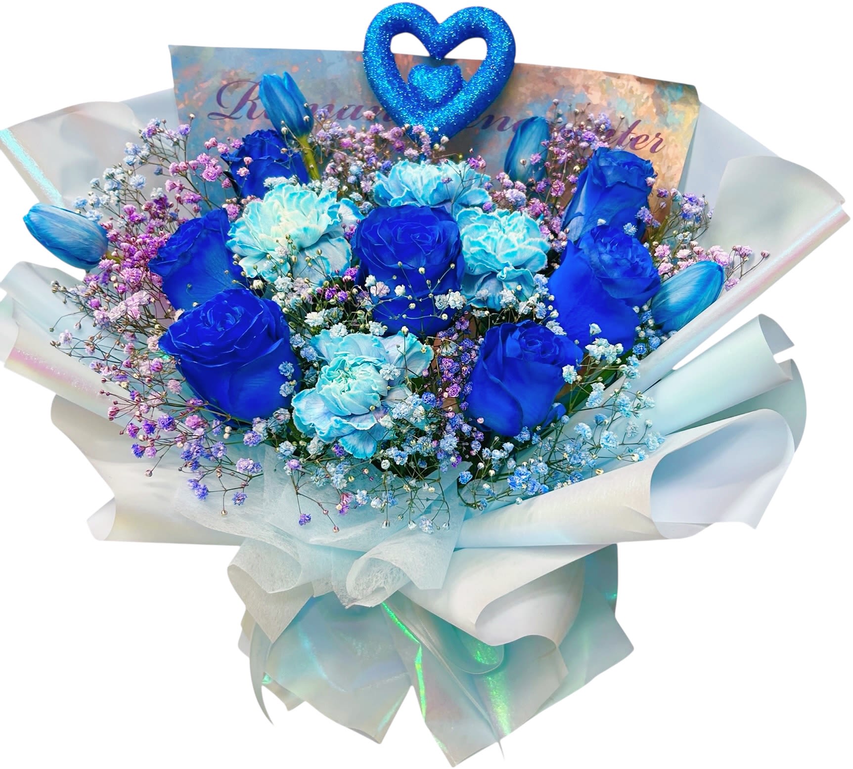 Frozen Romance Frozen Romance - Frozen Romance is a dreamy bouquet wrapped in shades of icy blue and soft violet. Featuring vibrant blue roses, delicate blue carnations, and pastel baby’s breath, it captures the serene beauty of a winter romance — pure, elegant, and unforgettable.