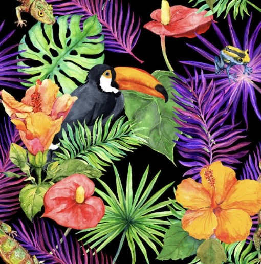 Tropical print with hibiscus flowers, toucans, frogs, and palm leaves on a black background