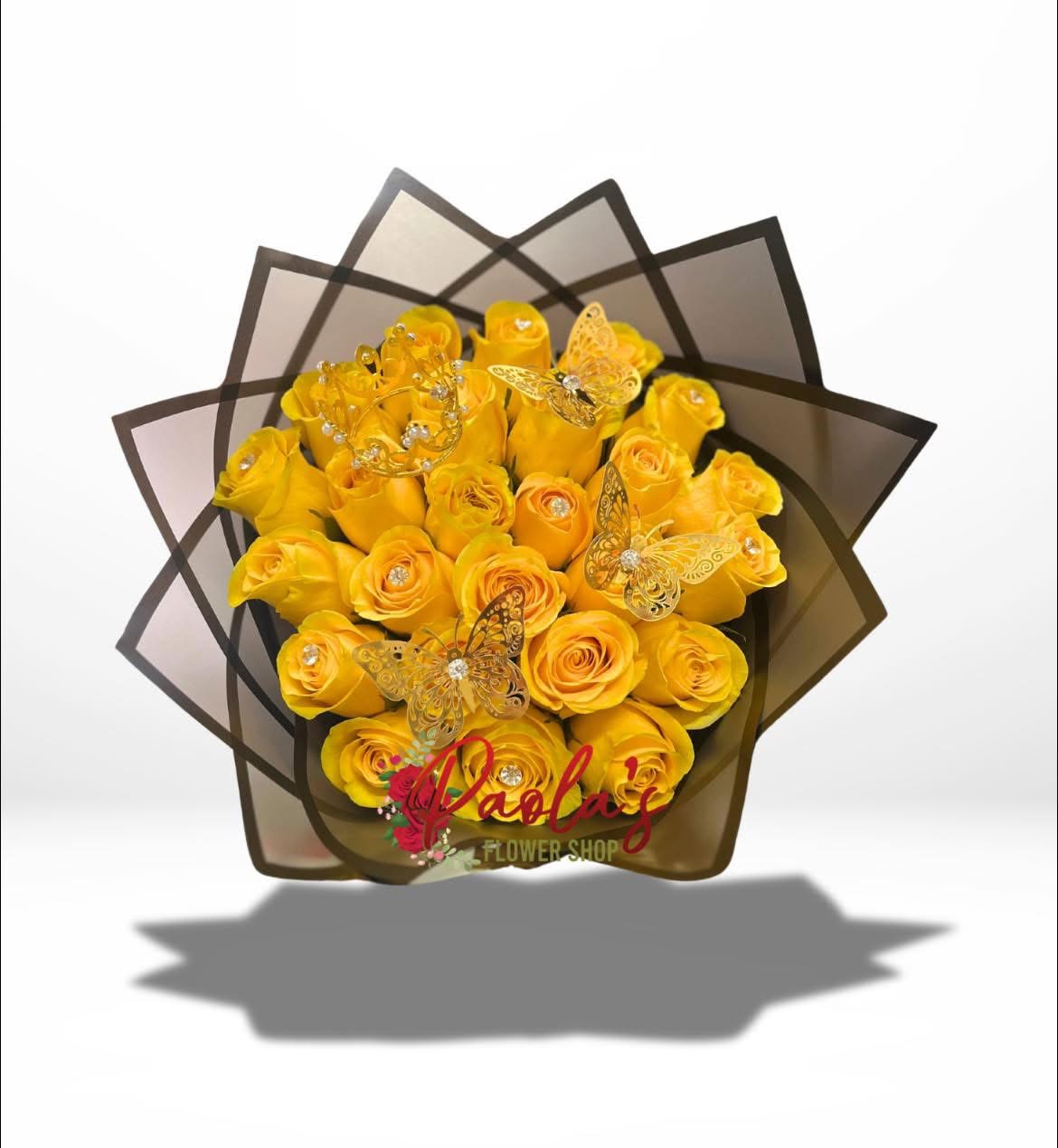 Yellow rose buchon Yellow rose buchon - 25 long stem Yellow roses in black translucent paper with Crown and butterflies