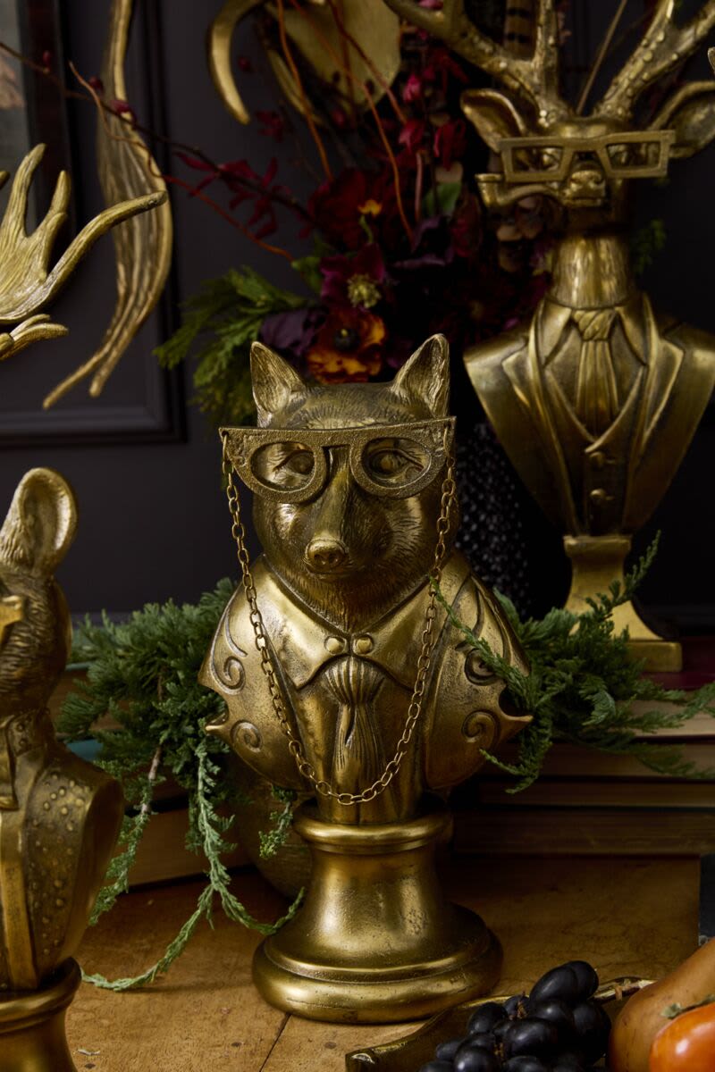 Eloise- E+E Bust  - Introduce whimsical charm to your home with the E+E Collection, designed by artist Jessica Heimstra. Crafted from recycled cast aluminum with antique gold finish, this delightful series features a bespeckled fox, a mustached hare, a monocled moose, a pipe-smoking buck, and a bowtied mouse. Each piece adds a refined and friendly touch to your home décor.   Size: 7&quot;x 6.5&quot;x 14&quot;