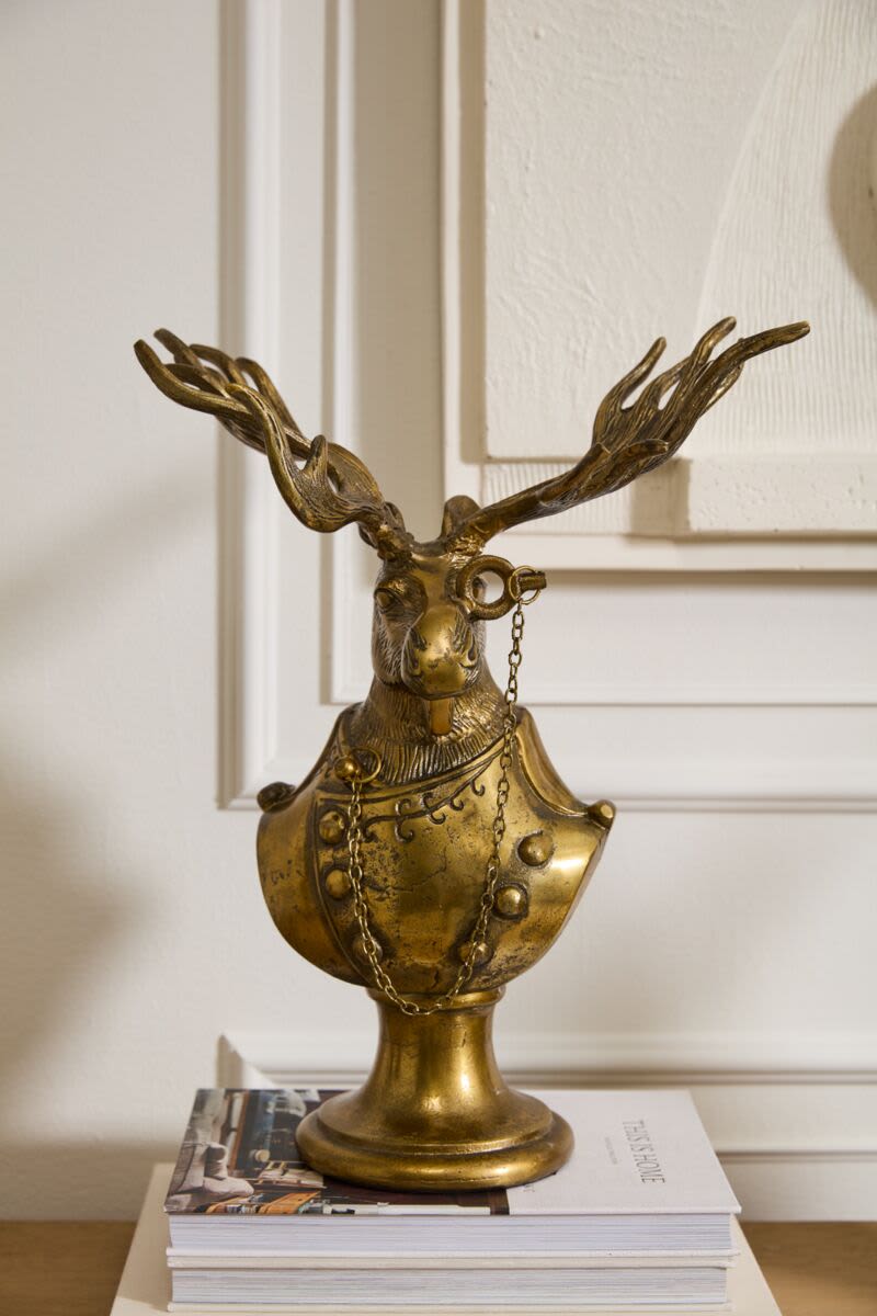 Eugene- E+E Bust - Introduce whimsical charm to your home with the E+E Collection, designed by artist Jessica Heimstra. Crafted from recycled cast aluminum with antique gold finish, this delightful series features a bespeckled fox, a mustached hare, a monocled moose, a pipe-smoking buck, and a bowtied mouse. Each piece adds a refined and friendly touch to your home décor.  Size is 14&quot;x 7.75&quot;x 18&quot;