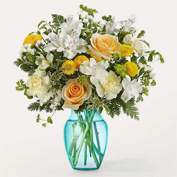 Crisp and Clean Bouquet  - Celebrate a milestone, offer healing, or remind them they are loved with the Crisp and Clean Bouquet full of roses, carnations, and alstroemeria. Details Designed by florists, ready to display. For long–lasting blooms, replace the water daily. We suggest trimming the stems every couple days. Pet Safety Precautions: This bouquet or plant may include flowers and foliage that are known to be toxic to pets. To keep them safe, be sure to keep this arrangement out of your pet's reach.