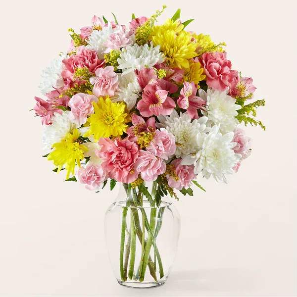 Creme de la Creme Bouquet - Fun and feminine, this mix of white, pink and yellow florals is a delicate way to share in all of life's moments. Details Designed by florists, ready to display. For long–lasting blooms, replace the water daily. We suggest trimming the stems every couple days. Pet Safety Precautions: This bouquet or plant may include flowers and foliage that are known to be toxic to pets. To keep them safe, be sure to keep this arrangement out of your pet's reach.
