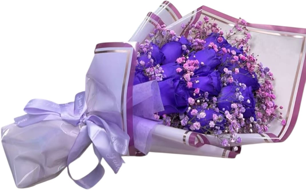 Forever Amethyst - This bouquet features 12 stunning deep violet roses delicately paired with soft pink and lavender baby’s breath, wrapped in elegant lilac tones. Like the amethyst gemstone, it symbolizes deep affection, mystery, and enduring love.  Perfect for anniversaries, confessions, or any moment when words aren’t enough — Forever Amethyst speaks of a love that is rare, precious, and everlasting. 
