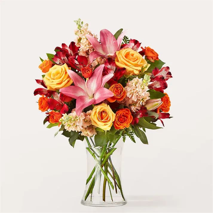 Full Heart Bouquet  - Peach roses, red alstroemeria and pink lilies are a fragrant and floral way to remind someone how loved they are. Details Designed by florists, ready to display. For long–lasting blooms, replace the water daily. We suggest trimming the stems every couple days. Pet Safety Precautions: This bouquet or plant may include flowers and foliage that are known to be toxic to pets. To keep them safe, be sure to keep this arrangement out of your pet's reach.
