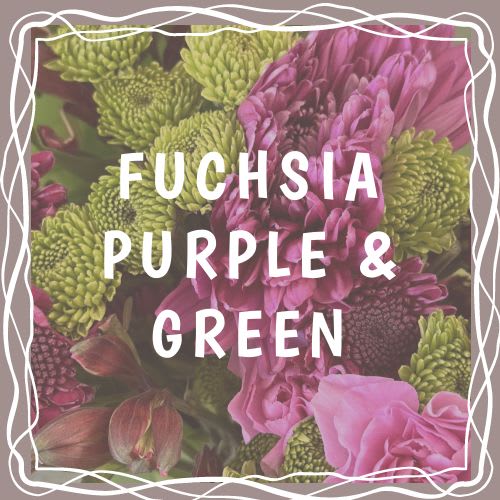 Fuchsias, Purples &amp; Green Arrangement - Vased - This bold and captivating arrangement of fuchsias, purples, and greens bursts with vibrant color and lush texture. The striking fuchsia blooms, rich purple flowers, and fresh green flowers and foliage create a dynamic and eye-catching display. Perfect for adding a pop of color to any space, this arrangement exudes a sense of elegance and liveliness, making it ideal for celebrations or as a statement piece in your recipients home.  The designs we create are custom and the blooms and containers will vary. We use the freshest product available to create the perfect floral combination for the recipient. If you have any special requests, please add those in the &quot;special instructions&quot; portion of your order to help us dial in your vision. Otherwise, our skilled designers, Sara &amp; Brett, will take it from here!  *Please note that photos are examples only – floral selection will vary.*  Standard Size is an excellent desk top size Approx. Dimensions: 12”H x 9”W  Deluxe Size is a great centerpiece size (thinking table size) Approx. Dimensions: 16”H x 12”W  Premium Size is a wonderful size for an island, showroom or office Approx. Dimensions: 20”+H x 16”+W