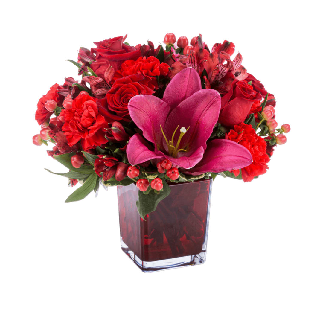 Ruby Rose Ruby Rose - This all-red arrangement is the perfect present. Ruby's are also the birthstone of July which makes this arrangement a thoughtful gift for people with a summer birthday.