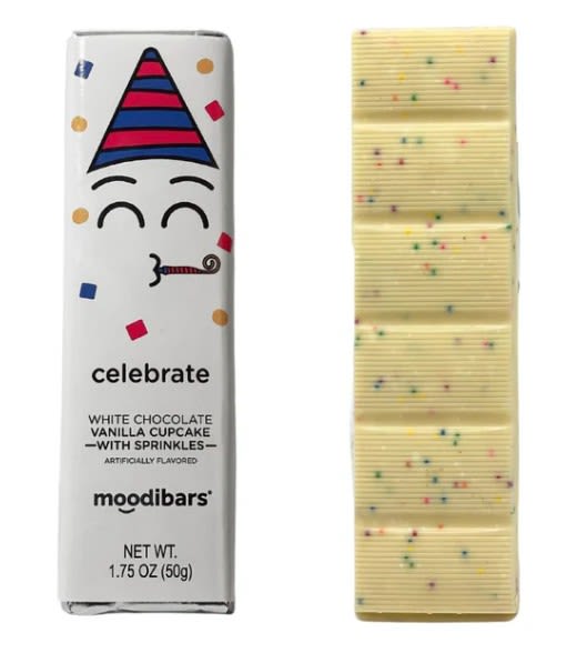 Celebrate - Chocolate Moodibar - Celebrate good times with our Celebrate Moodibar! Creamy and delicious White Chocolate Vanilla Cupcake is mixed with sprinkles to create a yummy celebrational treat (similar taste to Frosted Animal Cookies). Perfect as a treat to celebrate someone in your life, or to celebrate yourself!