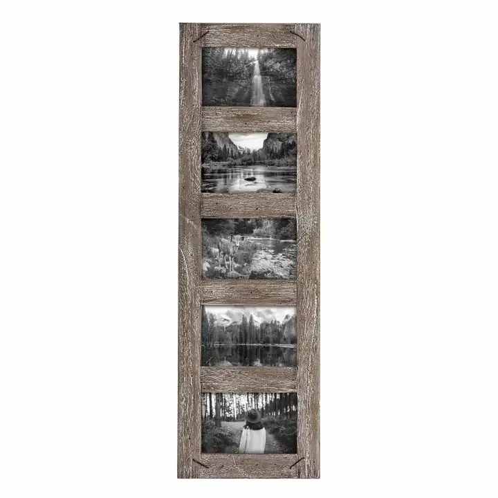 Distressed Photo Frame (holds five 4x6 photos) - Display your cherished memories in rusticated style; distressed wood and nail accents add a unique flair to this five photo collage frame. -The wood picture frame features a distressed finish, nail accents on its corners, and space to hold five 4 x 6 photos. With its rustic style, this frame will fit perfectly with your favorite decor. -This frame is versatile and easy to use. The back of the frame includes 3 metal hangers, along with a 2-way easel that allows for vertical or horizontal positioning for use on both your tabletops or to hang on the wall.  -This frame has easy-twist tabs for easy removal of the back and includes a glass pane to keep your photos safe.