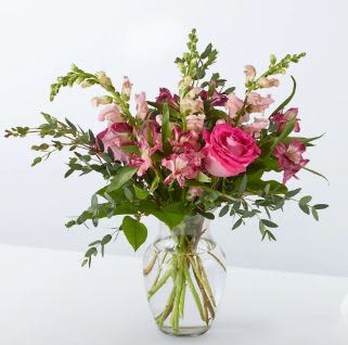 Evermore Bouquet - Fairytale–pink roses, hot pink alstroemeria, and pink snapdragons make an enchanting bouquet fit for any princess.  Please Note: The bouquet pictured reflects our original design for this product. While we always try to follow the color palette, we may replace stems to deliver the freshest bouquet possible, and we may sometimes need to use a different vase.   Details Premium bouquet is approximately 22&quot; H x 22&quot; W