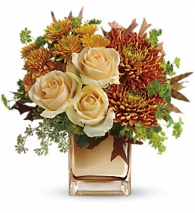 Autumn Romance Autumn Romance - This elegant bouquet features creamy roses, gold cushion chrysanthemums, bronze disbud chrysanthemums, bupleurum, seeded eucalyptus and oak leaves. Delivered in an exclusive bronze Mirrored Cube vase