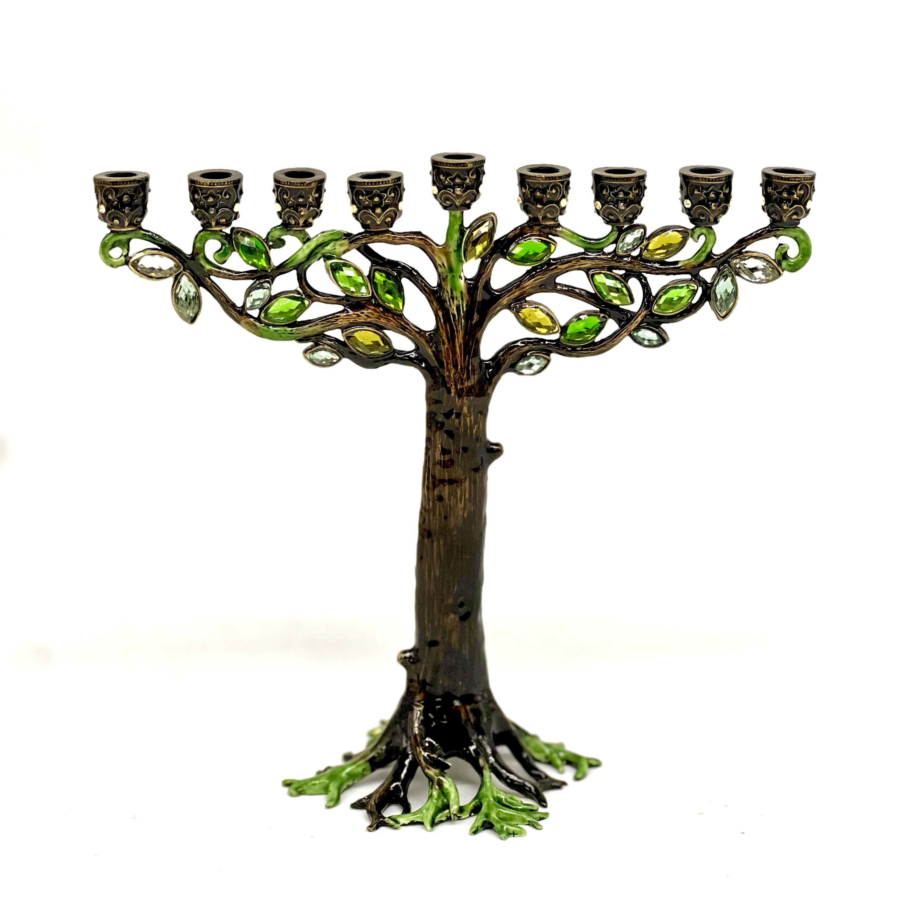 Tree Menorah Tree Menorah - Bronze finished pewter with natural hued hand-enameling. Hand-set European crystals and glass gems. Tarnish resistant. Signature luxury gift box included. Dimensions: 8.5"L x 3.5"W x 8"H Weight: 2.75 lb (includes gift box).