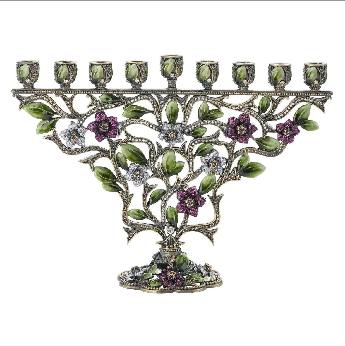 Sophie Menorah Sophie Menorah - Bronze finished pewter floral pattern, encrusted with hand-set clear and pink pavé European crystals. Green toned hand-enameling. Tarnish resistant. Signature luxury gift box included. Dimensions: 8.5"L x 2.75"W x 6.25"H