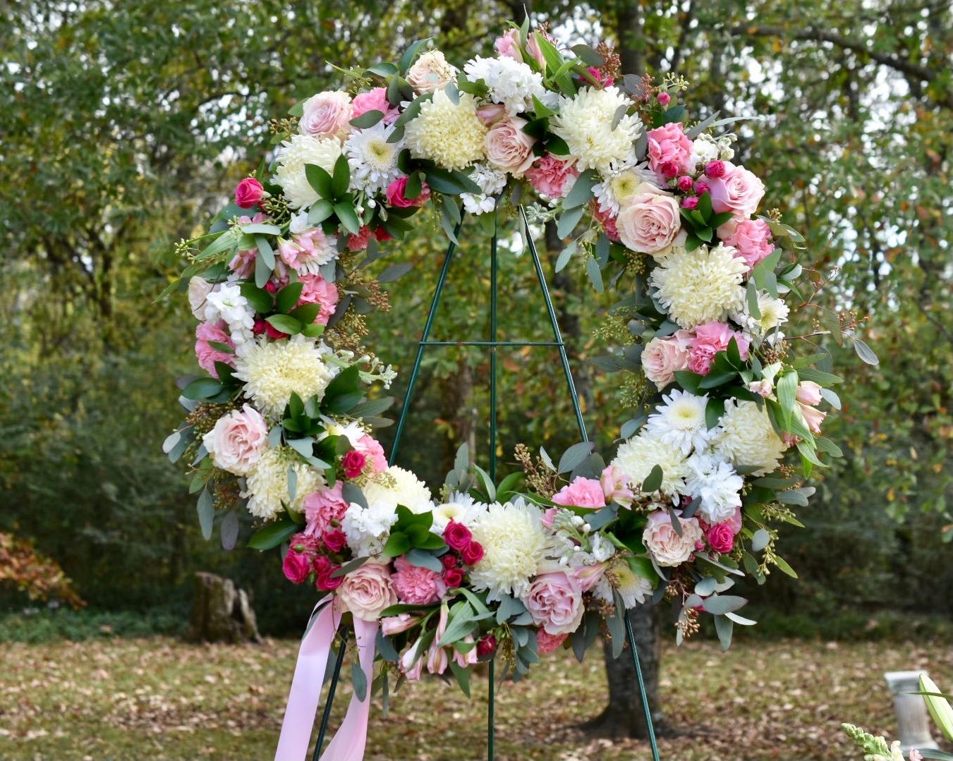 Eternal Love Standing Spray - Solid fresh wreath filed with pinks and white flowers