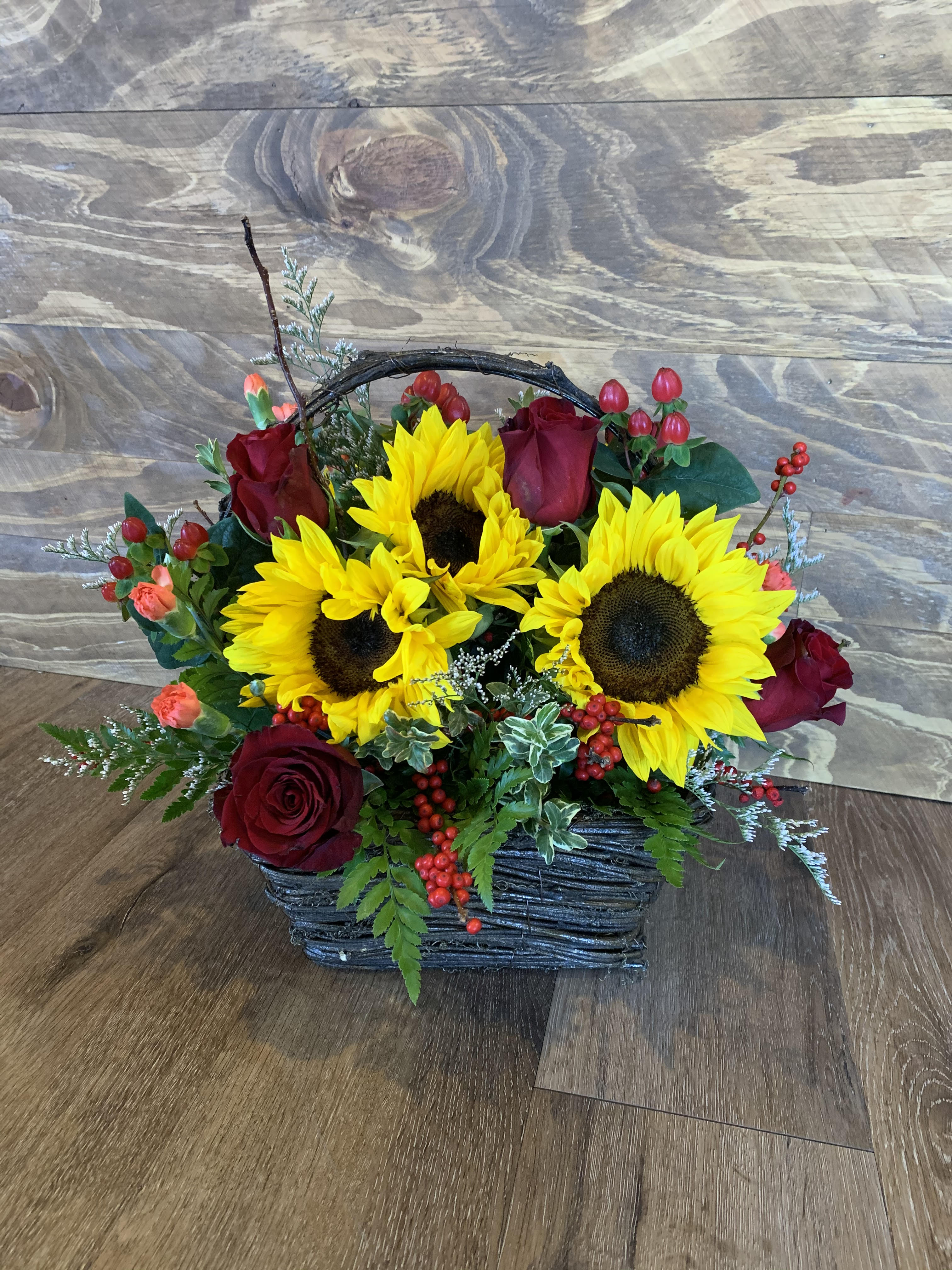 The Perfect Basket  - This basket full of Roses, Sunflowers and more is perfect for any season! 