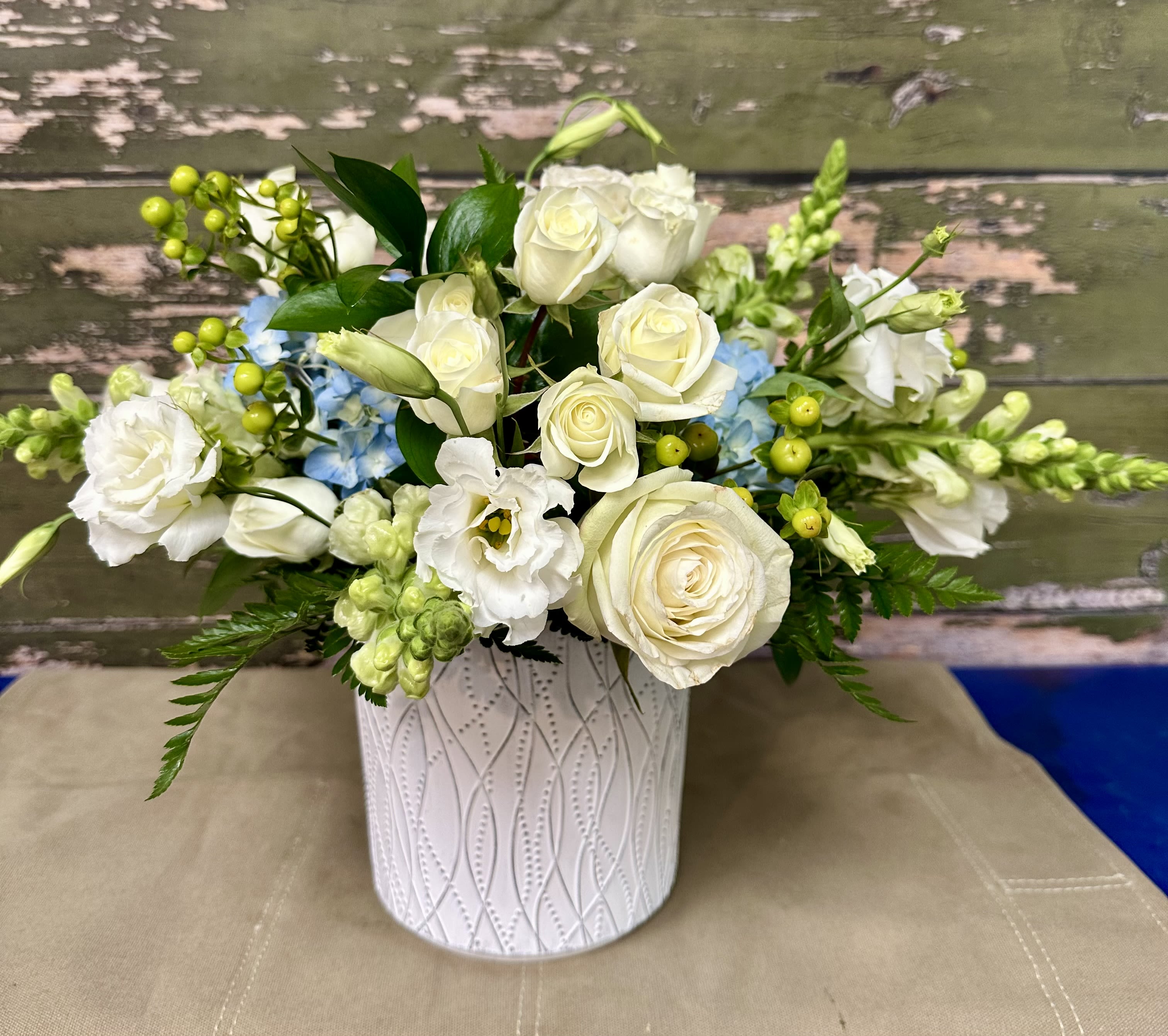Southern Style  - This Blue and White Ceramic Container Arrives With Hydrangea, Roses, Coffee Berry, Lisianthus, Mixed Greenery, and More ! 