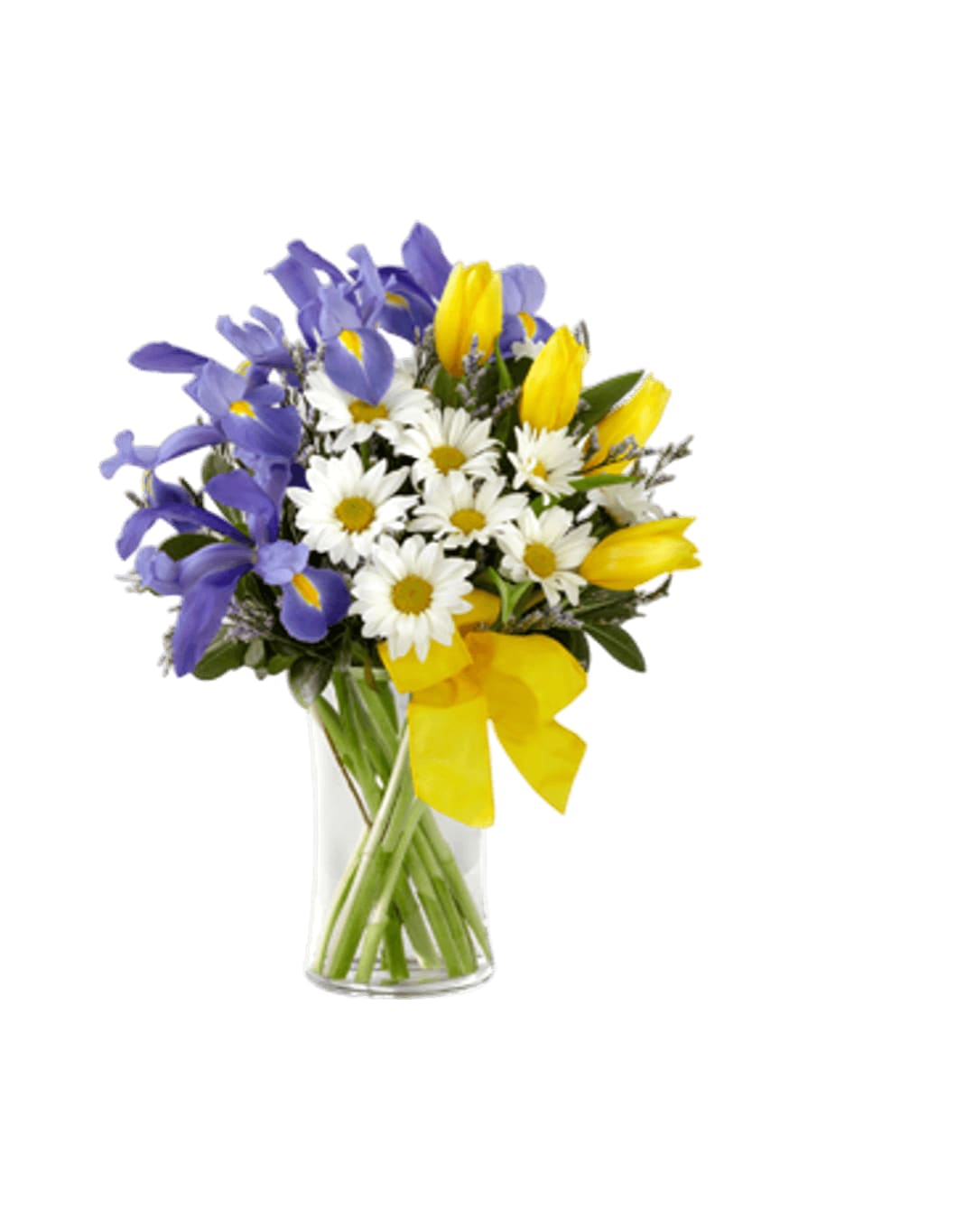 Sunshine Style Sunshine Style - Sunshine Style, a colorful presentation of spring's most majestic hues this sunlit bouquet of blue iris yellow tulips and white traditional daisies will bring cheerful elegance to your special recipient. Accented by lush greens and arranged in a clear glass vase tied with a yellow tafetta ribbon this charming bouquet conveys your warmest sentiments for a wonderful spring season
