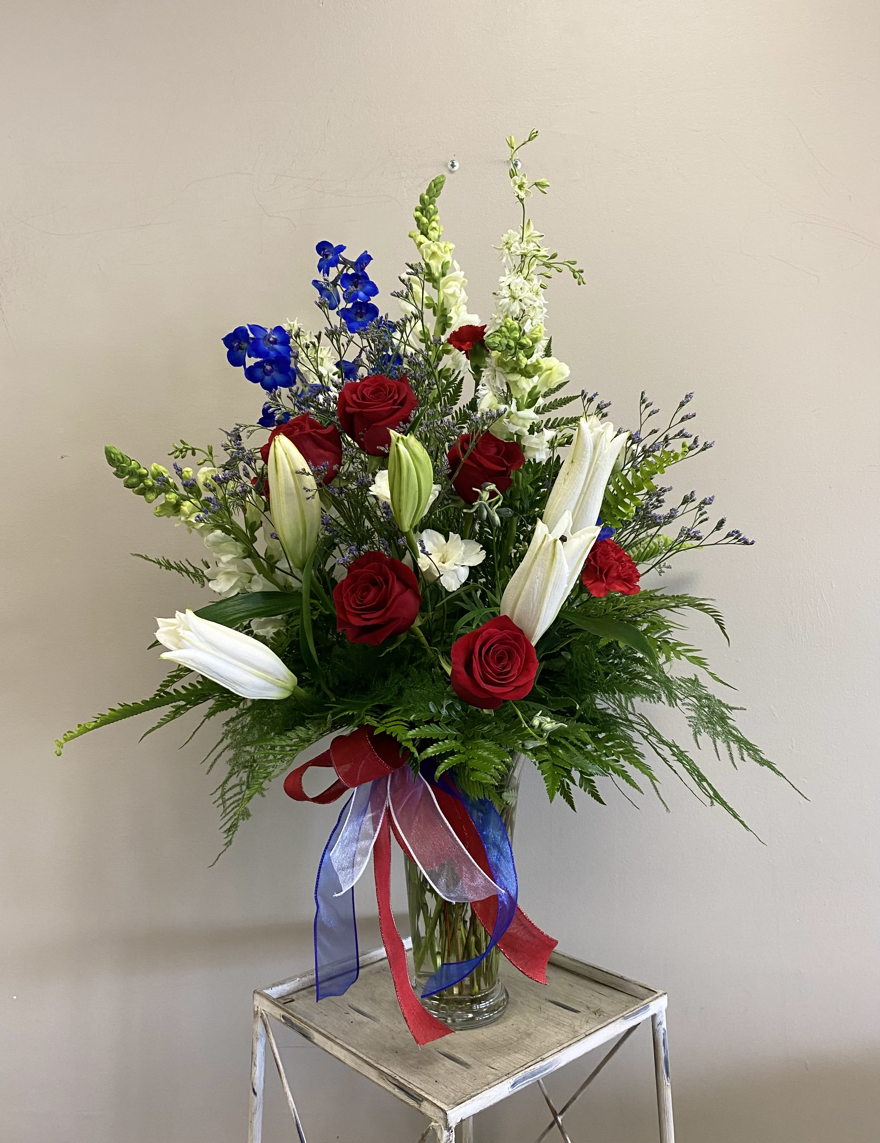 Patriotic - An assortment of red, white and blue flowers. 