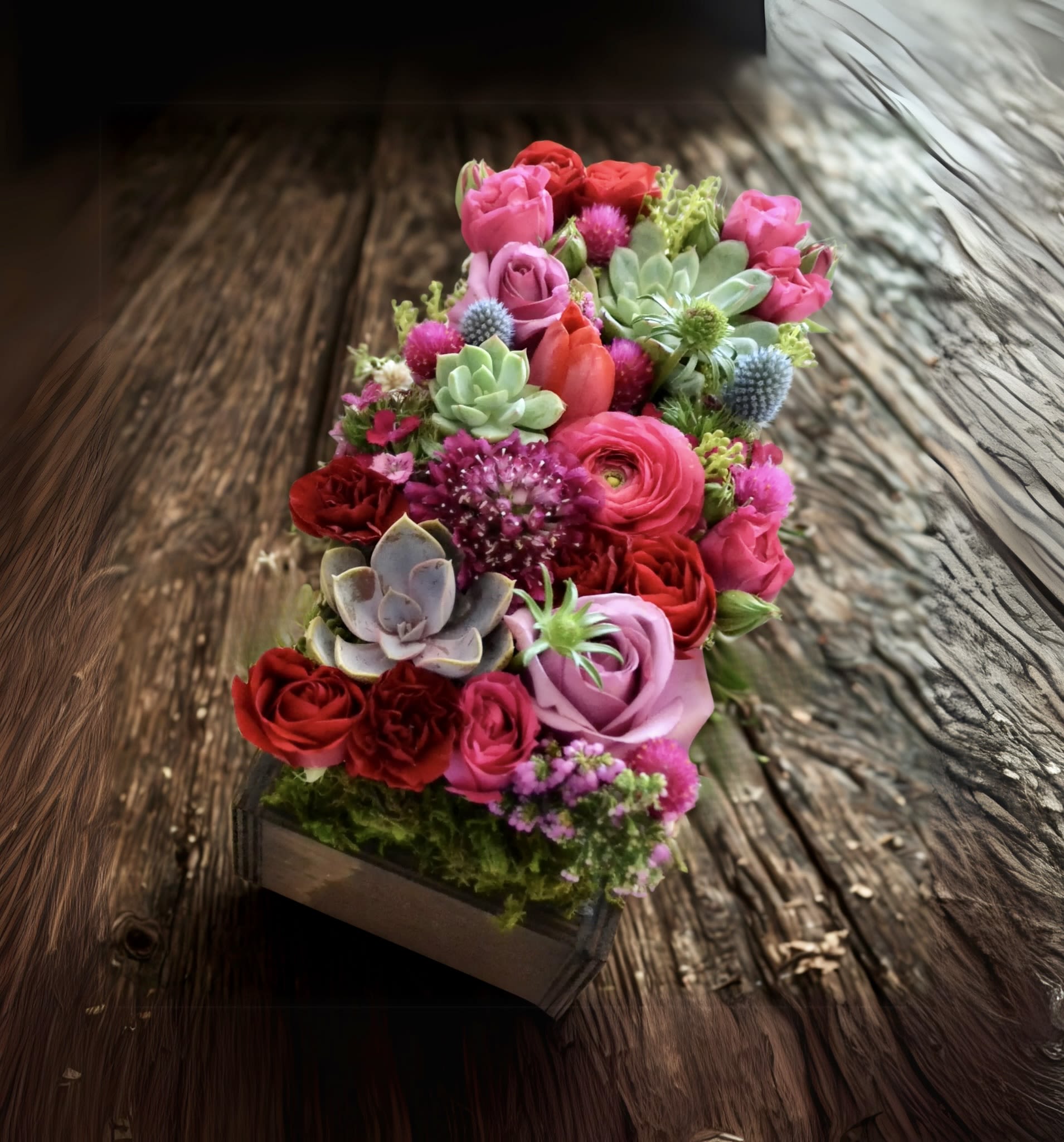 Brittney Arrangement – Bold, Bright, and Beautiful - Brittney Arrangement – Bold, Bright, and Beautiful The Brittney Arrangement by My Blooming Business is a fun, vibrant floral display that’s perfect for celebrating life’s joyful moments. Featuring a stunning mix of jewel-toned flowers paired with fresh green succulents, this unique arrangement is ideal for celebrations, congratulations, or just to let someone know you’re thinking of them.  With its playful color palette and modern design, the Brittney Arrangement brings energy and charm to any room or occasion.  Proudly top-rated on Google, Yelp, and BloomNation, My Blooming Business offers same-day delivery across Los Angeles, including the San Fernando Valley and San Gabriel Valley. Standard box 10&quot;X4&quot;X3&quot; Deluxe box 12&quot;X4&quot;X3&quot;