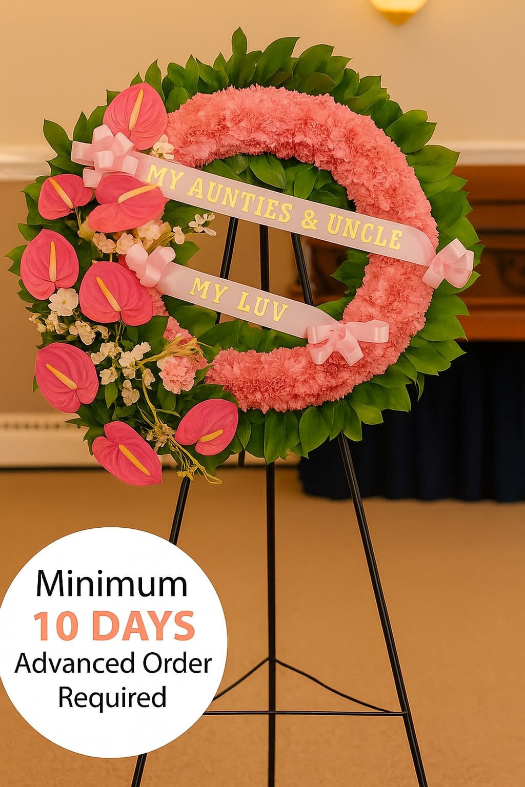 Watanabe's A Special One Wreath - For the person who truly was a special one in life, send them off with this beautiful piece. Standing approximately 36&quot; wide and presented on a 6' easel, this arrangement offers a grand and heartfelt tribute. Please note that a minimum days' advanced notice is required to ensure the flowers can be properly staged for quality results.  Key Features:  Stunning Dimensions: Stands approximately 36&quot; wide, creating an impressive and elegant display.  High-Quality Arrangement: Expertly crafted with a variety of fresh, vibrant flowers to ensure lasting beauty and impact.  Elegant Presentation: Mounted on a 6' easel, making it perfect for memorials, celebrations of life, or any event where a beautiful tribute is desired.  Meaningful Tribute: Designed to honor and celebrate the life of a loved one with grace and elegance.  Celebrate and honor the memory of a special loved one with our Special Tribute Wreath, a beautiful and meaningful tribute that reflects the love and admiration held for them.