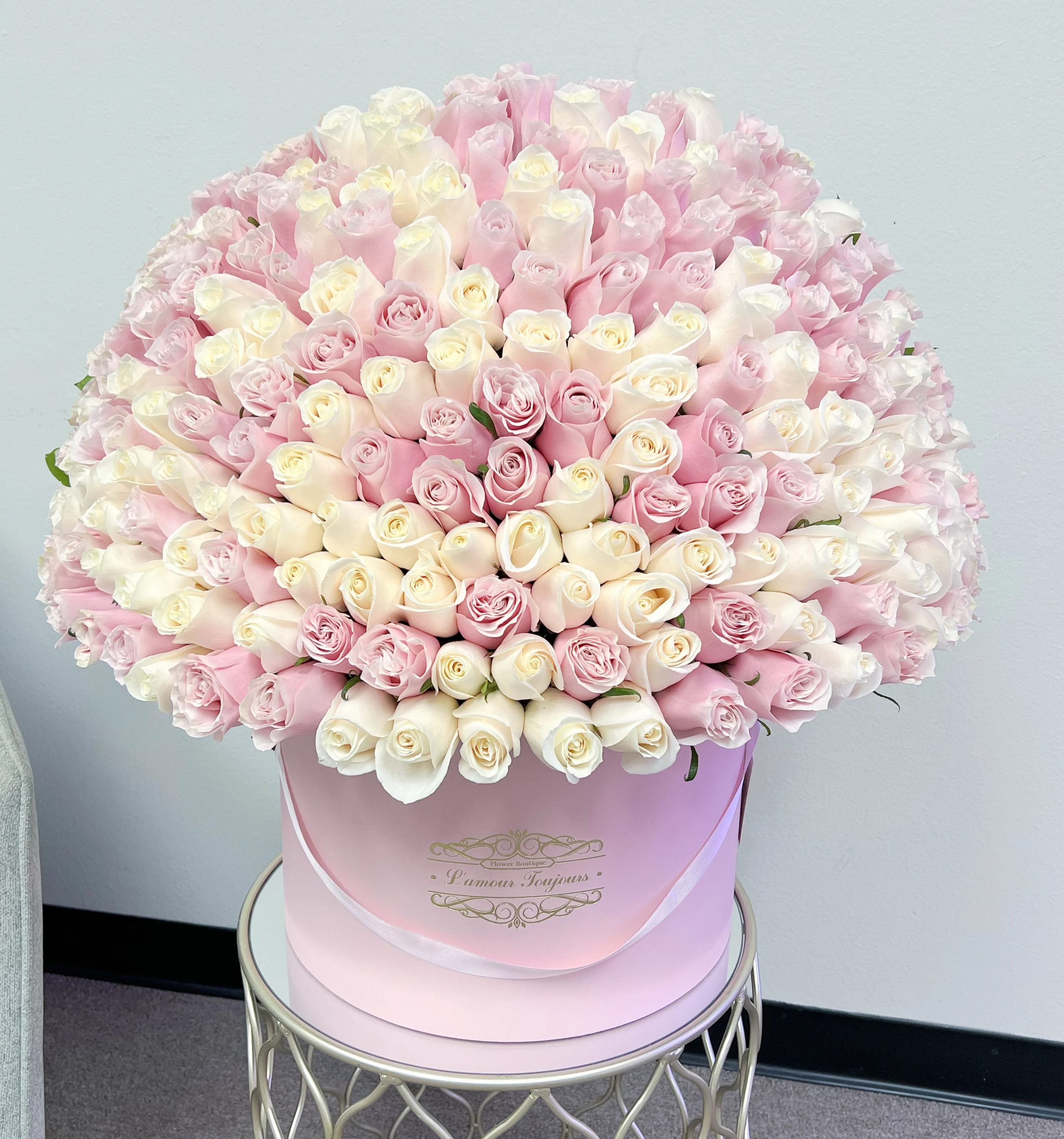 200 White and Light Pink  Roses Signature Box  - 200 White and Light Pink Roses Signature Box 