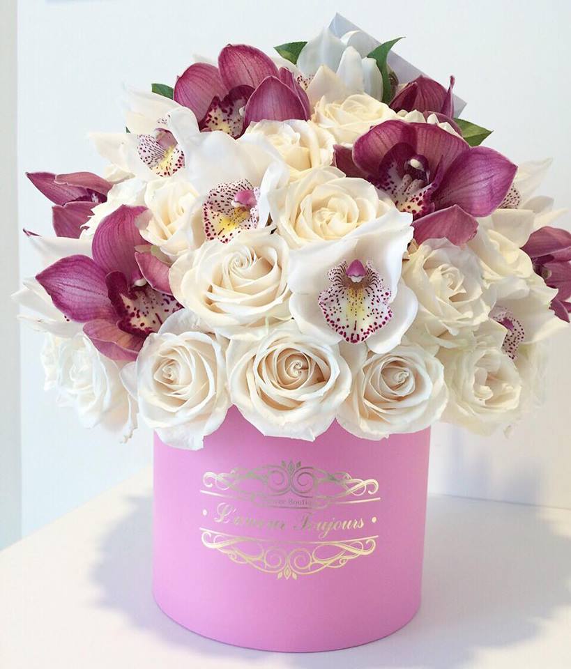 Dana Point Signature Flower Box Dana Point Signature Flower Box - 25 Premium White Roses with Cymbidium Orchids