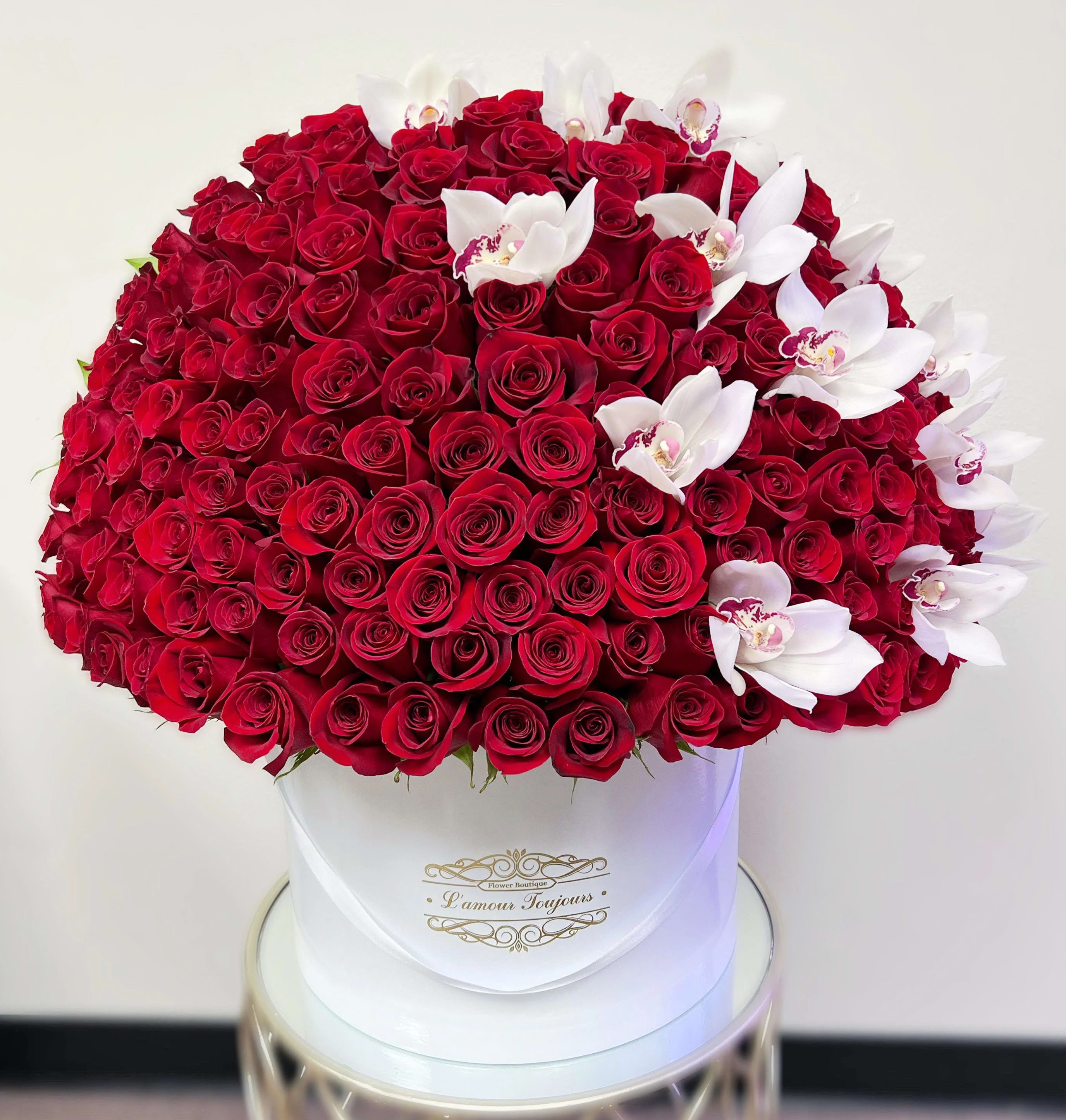 Grand Red Roses Signature Box with Cymbidium Orchids Grand Red Roses Signature Box with Cymbidium Orchids - 200 Premium Red Roses with Orchids