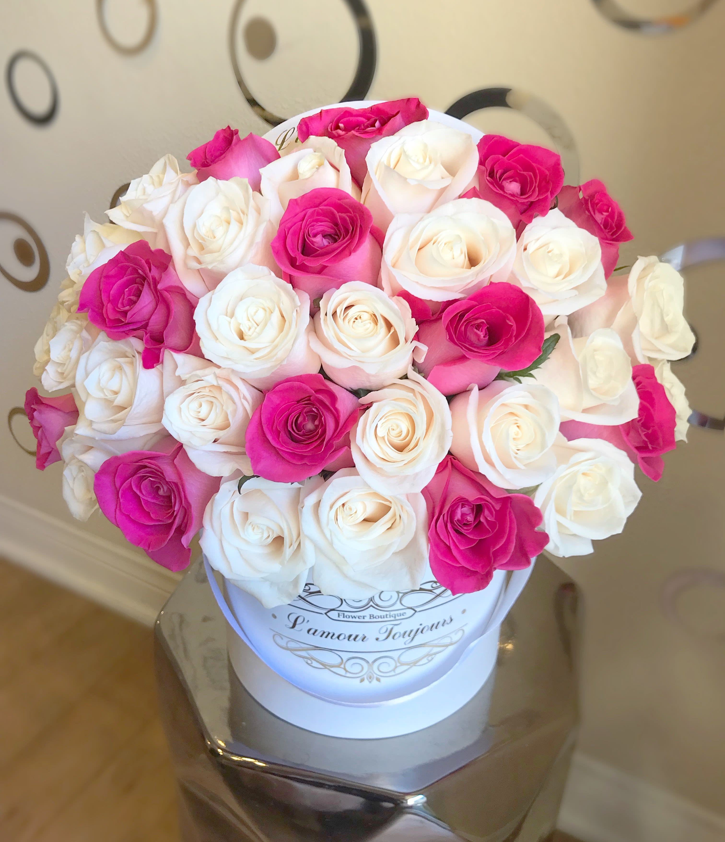 Hot Pink and Ivory Signature Box Hot Pink and Ivory Signature Box - 50 Fresh Hot Pink and Ivory Premium roses
