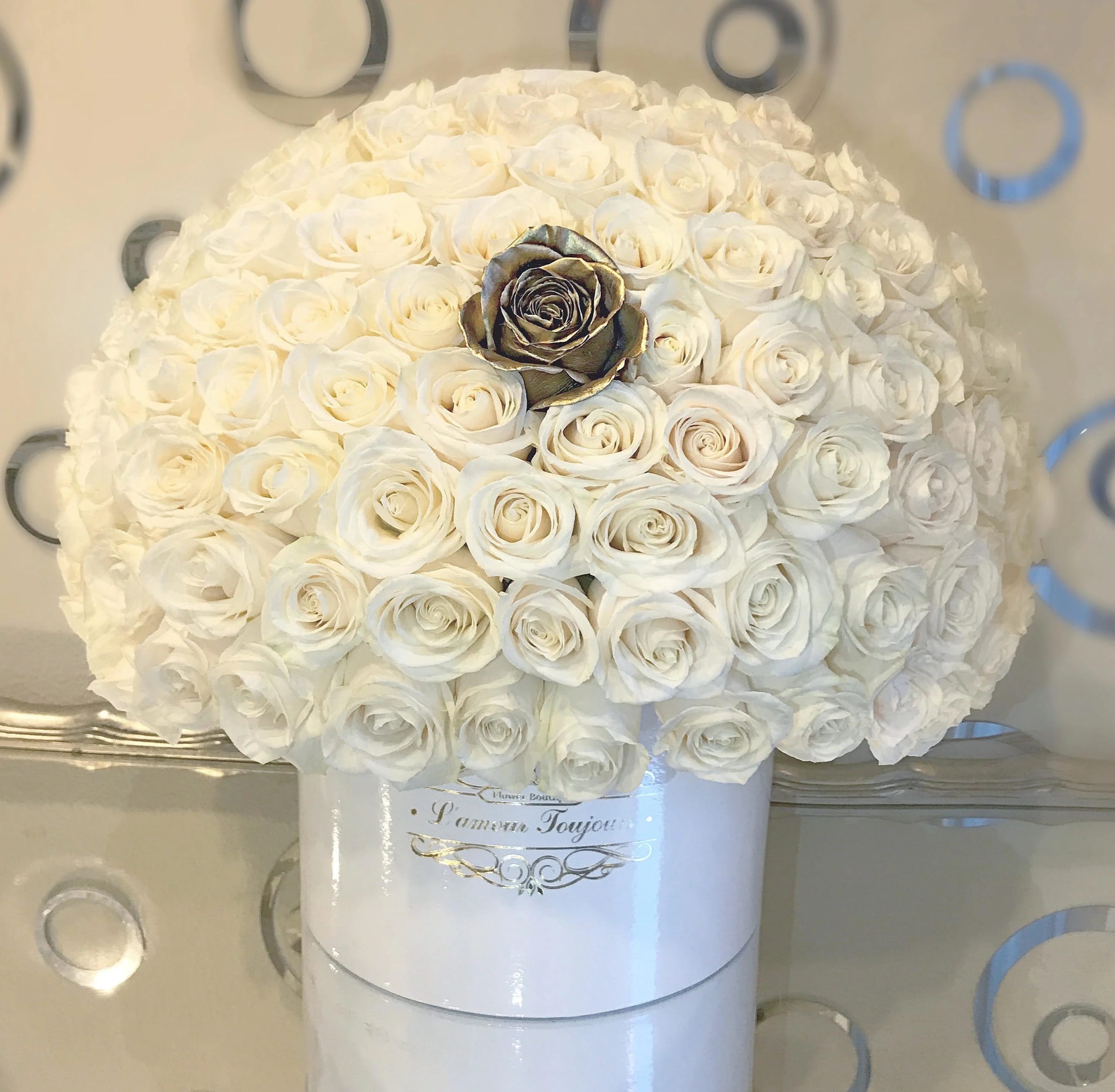 White Roses Signature Box with Gold Rose White Roses Signature Box with Gold Rose - 100 Premium White Roses with 1 Gold Rose
