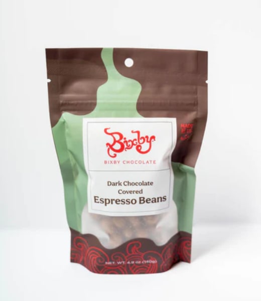 Bixby Maine Dark Chocolate Covered Espresso Beans - Espresso beans coated in rich dark chocolate will give you a boost of energy that will last all day!  Contains: Soy.  Gluten Free.  Vegan. 