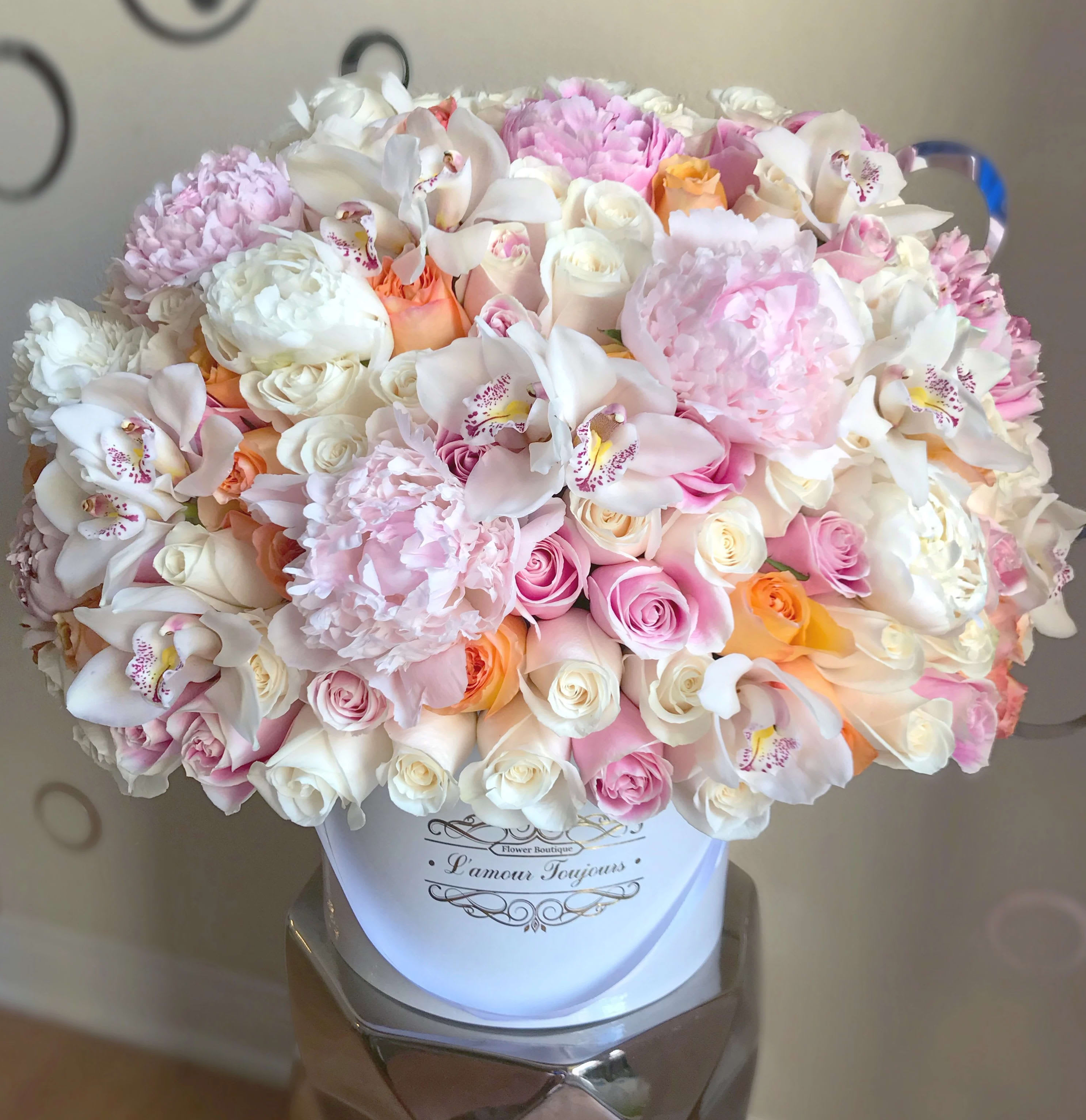 Summer Luxury Signature Box - Vibrant mix of 75 roses, peonies and cymbidium  orchids in our XL Signature Box