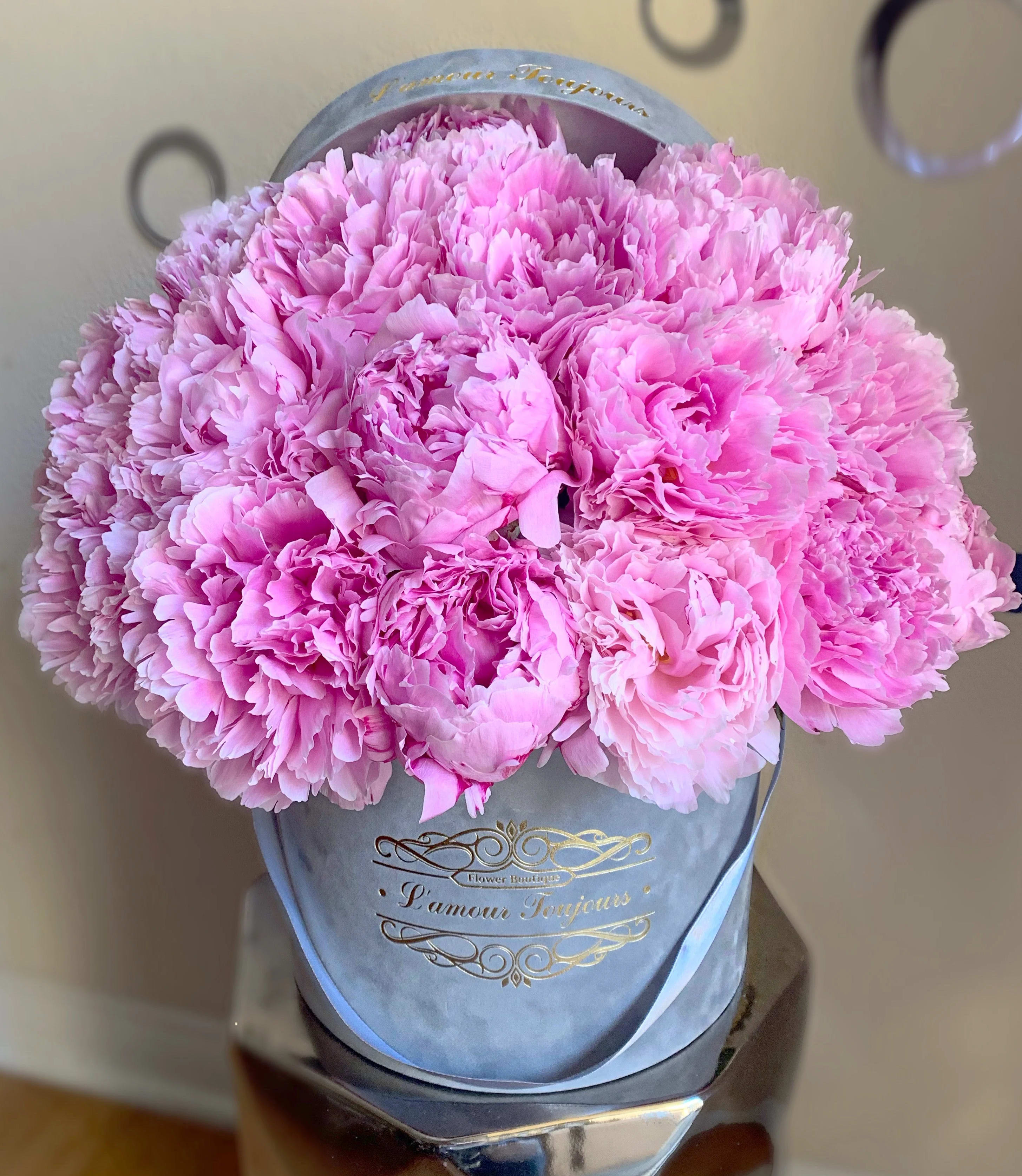 Peonies Gray Velvet Signature Box - Premium pink peonies in a Gray Velvet Signature Box