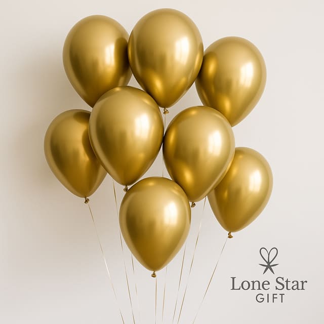 Luxury Gold Chrome Balloon Bouquet – 8 Balloon Luxury Gold Chrome Balloon Bouquet – 8 Balloon - Add a touch of elegance to any celebration with our Luxury Gold Chrome Balloon Bouquet. This arrangement includes 8 premium gold chrome balloons filled with helium and tied with matching ribbons. Their metallic shine makes them perfect for birthdays, anniversaries, corporate events, and sophisticated celebrations.     Available for delivery in Midland, Odessa, and Gardendale.