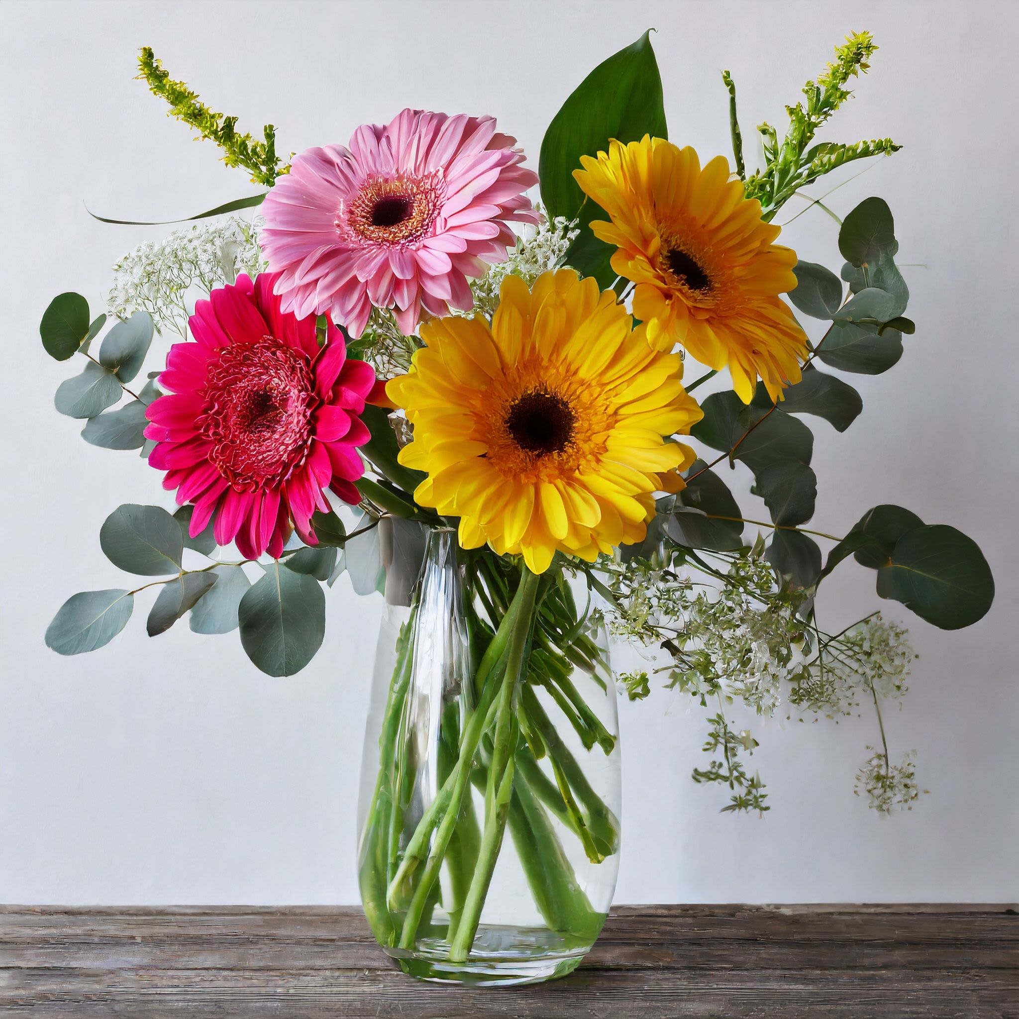 Gerber Daisy Arrangement Gerber Daisy Arrangement - A vibrant floral arrangement featuring a mix of Gerber daisies, seasonal blooms, and lush greenery, creating a lively and colorful display that captures the essence of freshness and natural beauty.