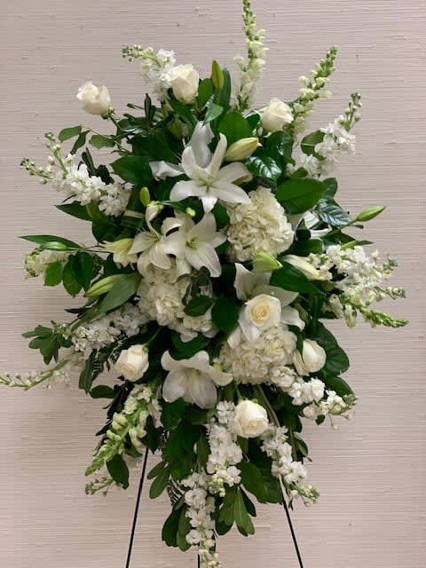 Standing Funeral Spray Standing Funeral Spray - Comfort your loved ones with an all white and green or choice of color palette standing spray to frame either end of the casket.