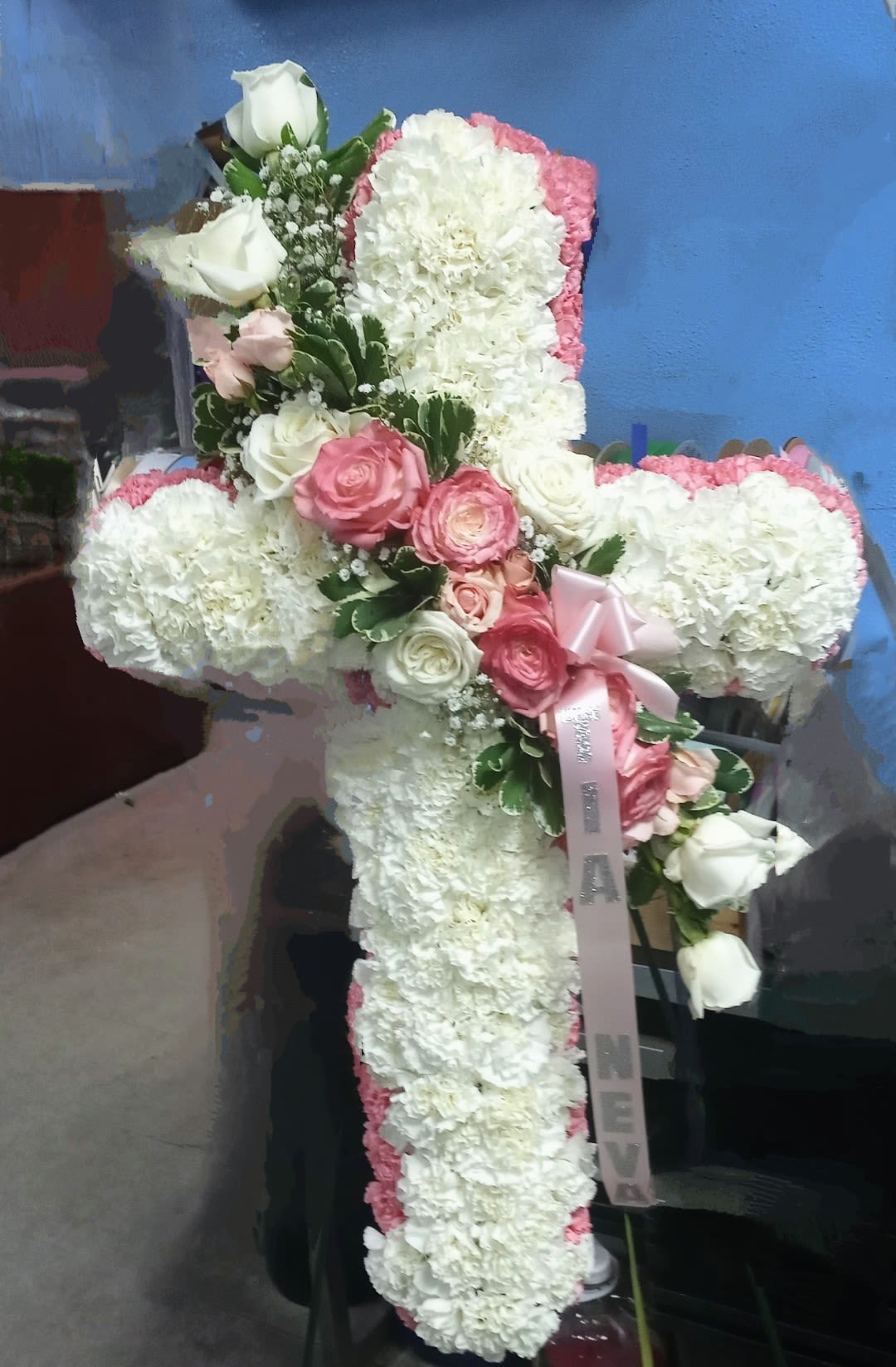 LOVE YOU FOREVER  - PopPINK AND WHITE ROSES AND CARNATIONS ACCENTED WITH BABYS BREATH AND A TOUCH OF GREENERY 